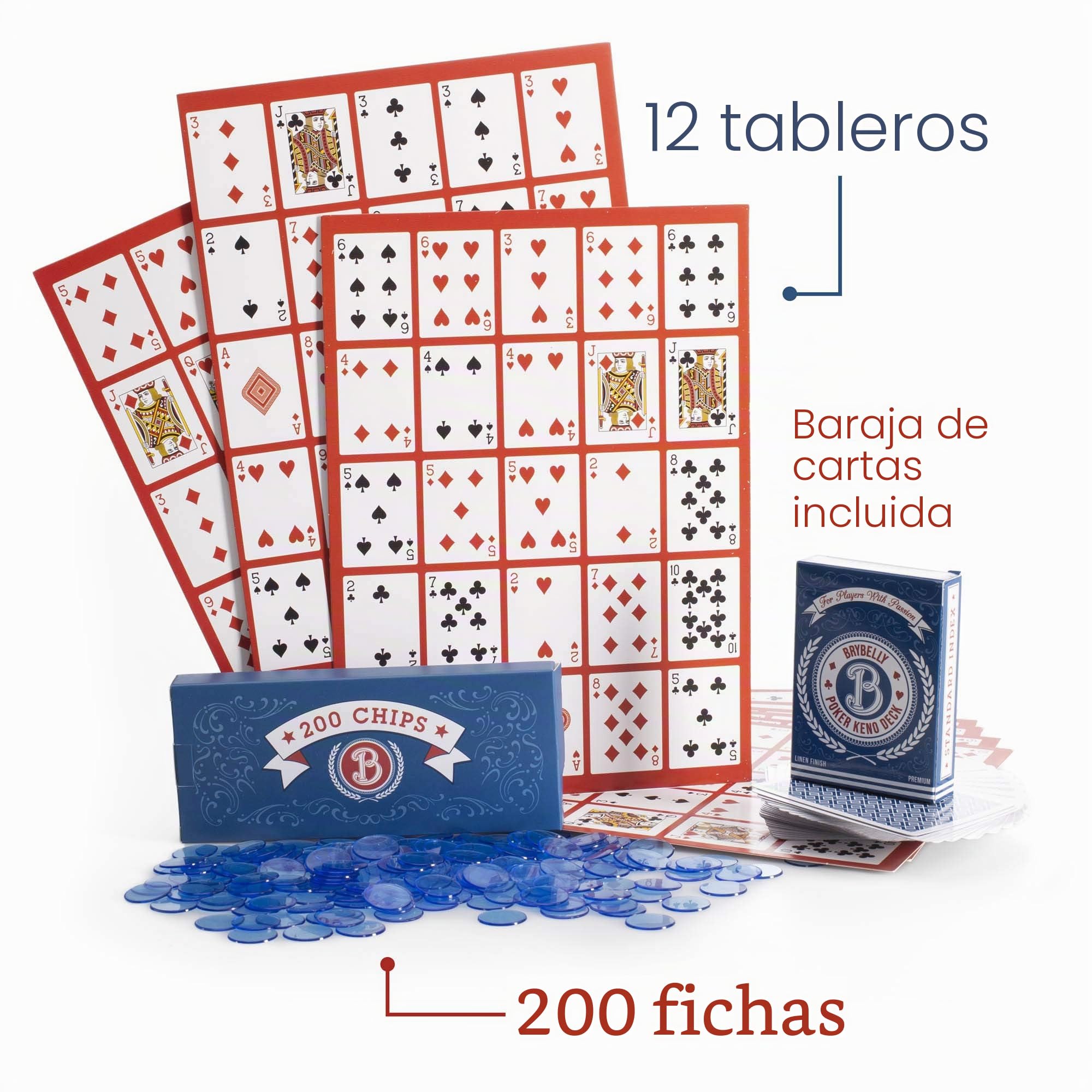 Juego de póquer Keno con cartas y fichas – Juego de mesa de casino familiar para adultos, regalo nocturno incluye baraja de cartas, 12 tableros, 200 fichas de bingo