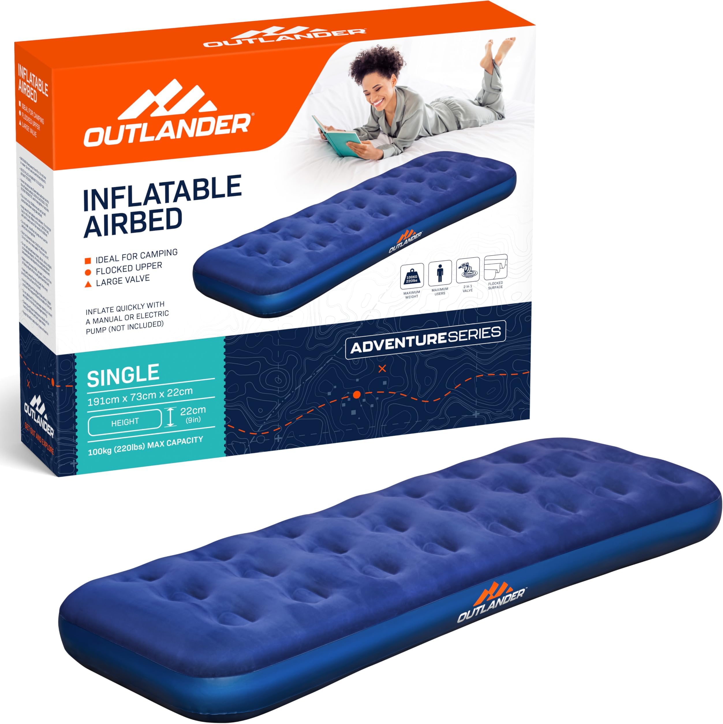 Eurohike Inflatable Flocked Single Airbed, Blow Up Bed, Festival Bed