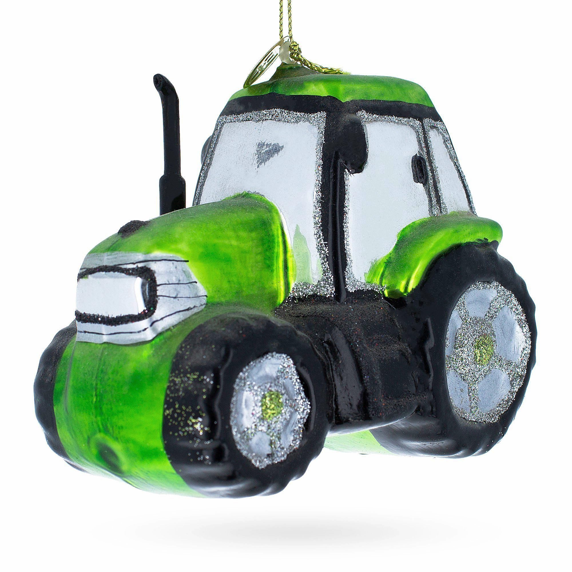 Boule de Noël tracteur vert en verre soufflé BestPysanky pour décoration de sapin