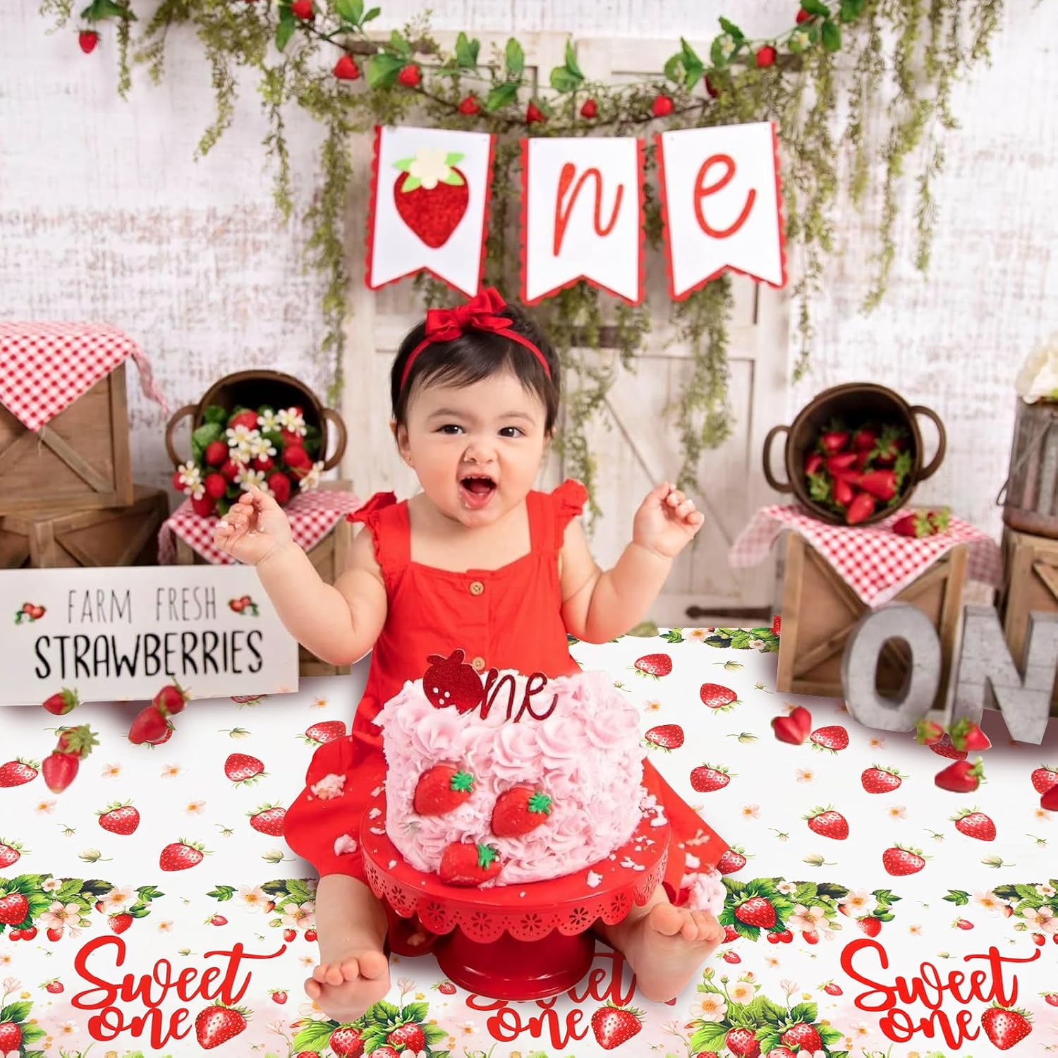 PHOGARY 2PCS Strawberry Tablecloth for Strawberry Birthday Decorations,Sweet One Tablecloths Disposable Plastic Rectangle Table Cover for Kids Berry First Birthday Decor Baby Shower 51"X86"