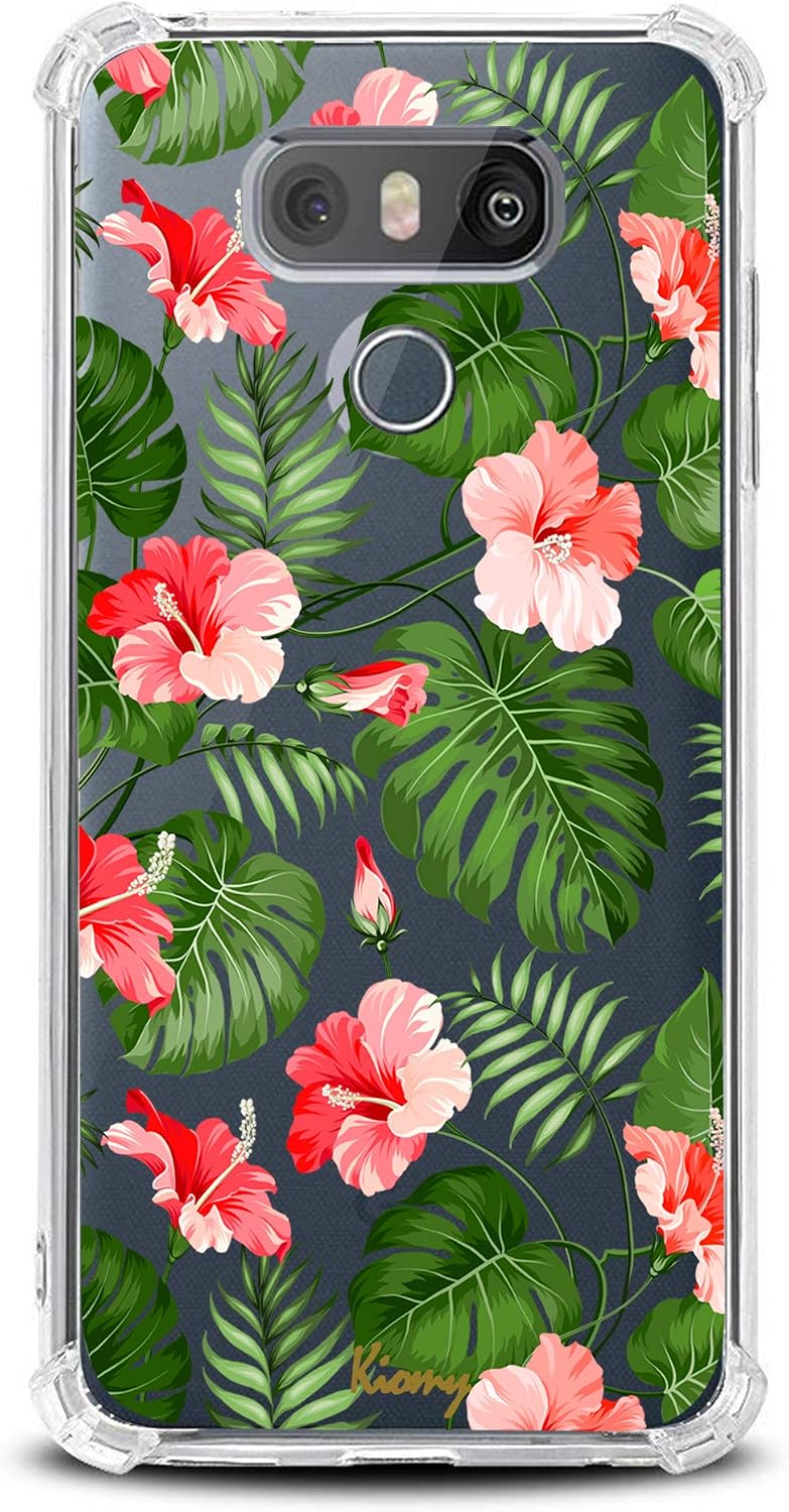 KIOMY Case for Girls Women Clear with Summer Flowers Design Shockproof Bumper Protective Phone Cover for LG-G6, LG G6 Plus 2017 Release Flexible Slim Fit Soft Rubber Cute Palm Leaves Floral Girly Case