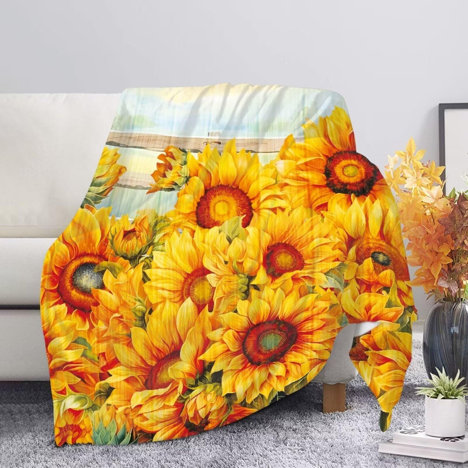 Allcute Rustic Sunflower Blanket Print Sofa Throws for Winter Fall Throw Blanket Yellow Lightweight Warm Flannel Fluffy Blankets for Couch Bed Living Room Decor — image 1