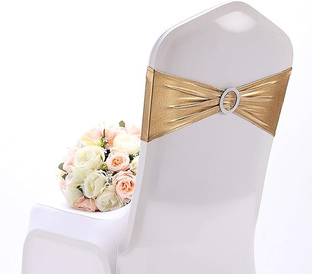 Namvo 10 PCS Stretch Chair Bows Large Occasions Stretch Chair Sashes With Buckle Spandex Elastic Chair Sashes Bands for Wedding Party Hotel Event Decoration(Gold)