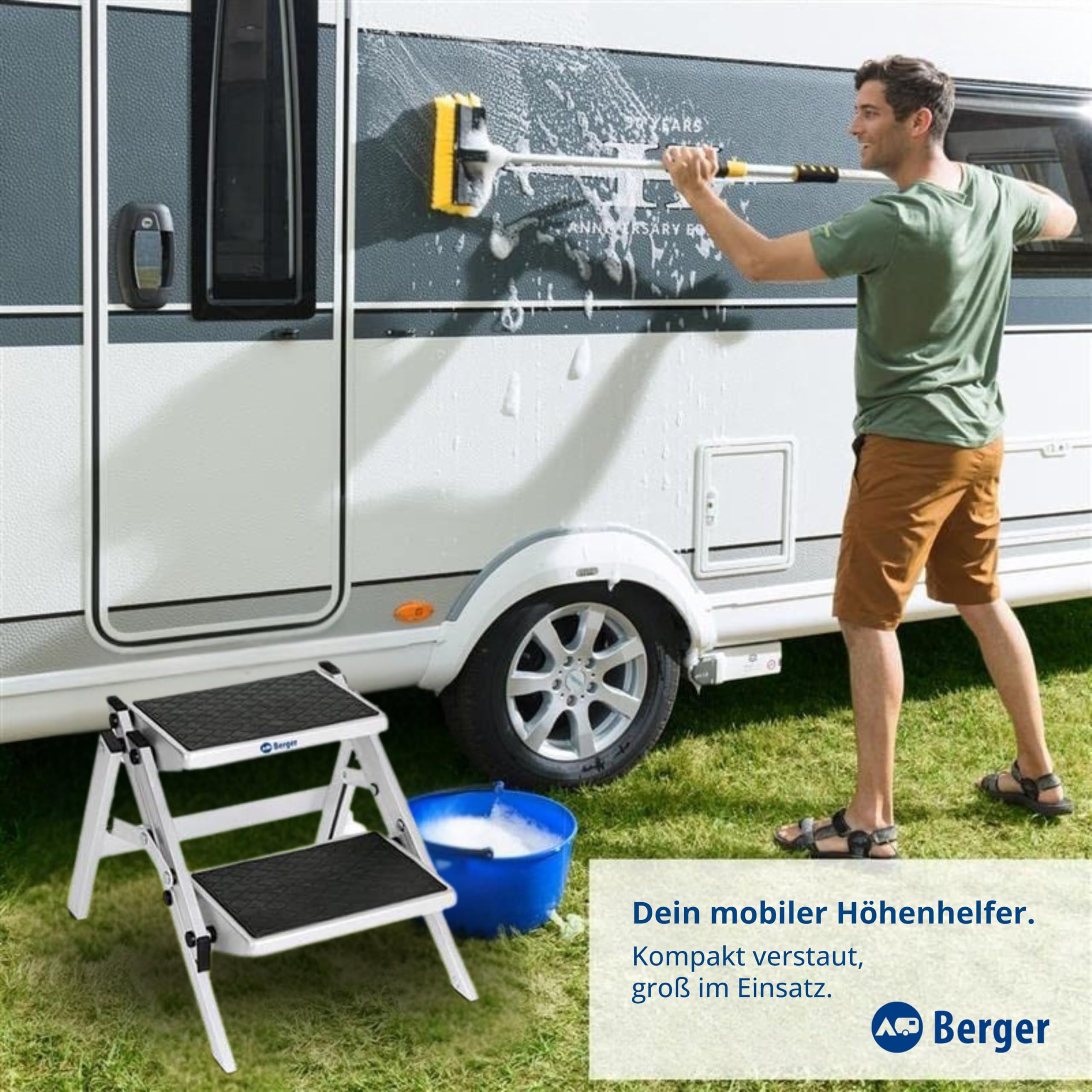 BERGER Trittleiter 2 Stufen klappbar | zusammenklappbar mit Rutschfester Gummimatte | Trittstufe Wohnwagen Tritt 2 Stufen | Tritthocker bis 150 kg belastbar (Aluminium)