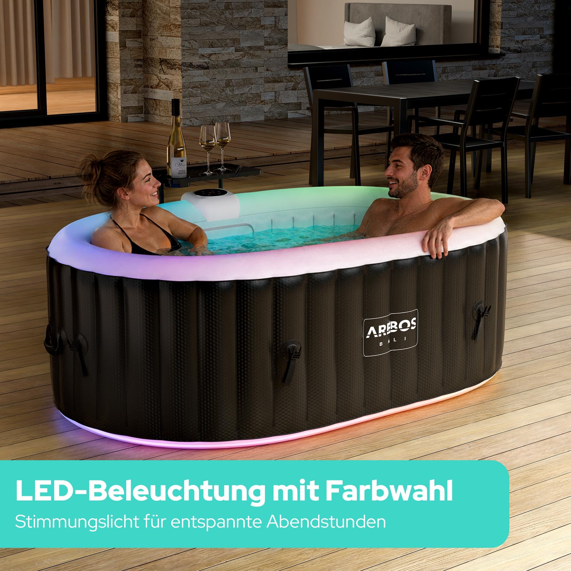 Arebos Whirlpool mit LED Beleuchtung | Aufblasbar | In- & Outdoor | 190x120 cm oval | 2 Personen | 90 Massagedüsen | mit Heizung | 550 Liter | Inkl. Abdeckung | Bubble Spa & Wellness Massage