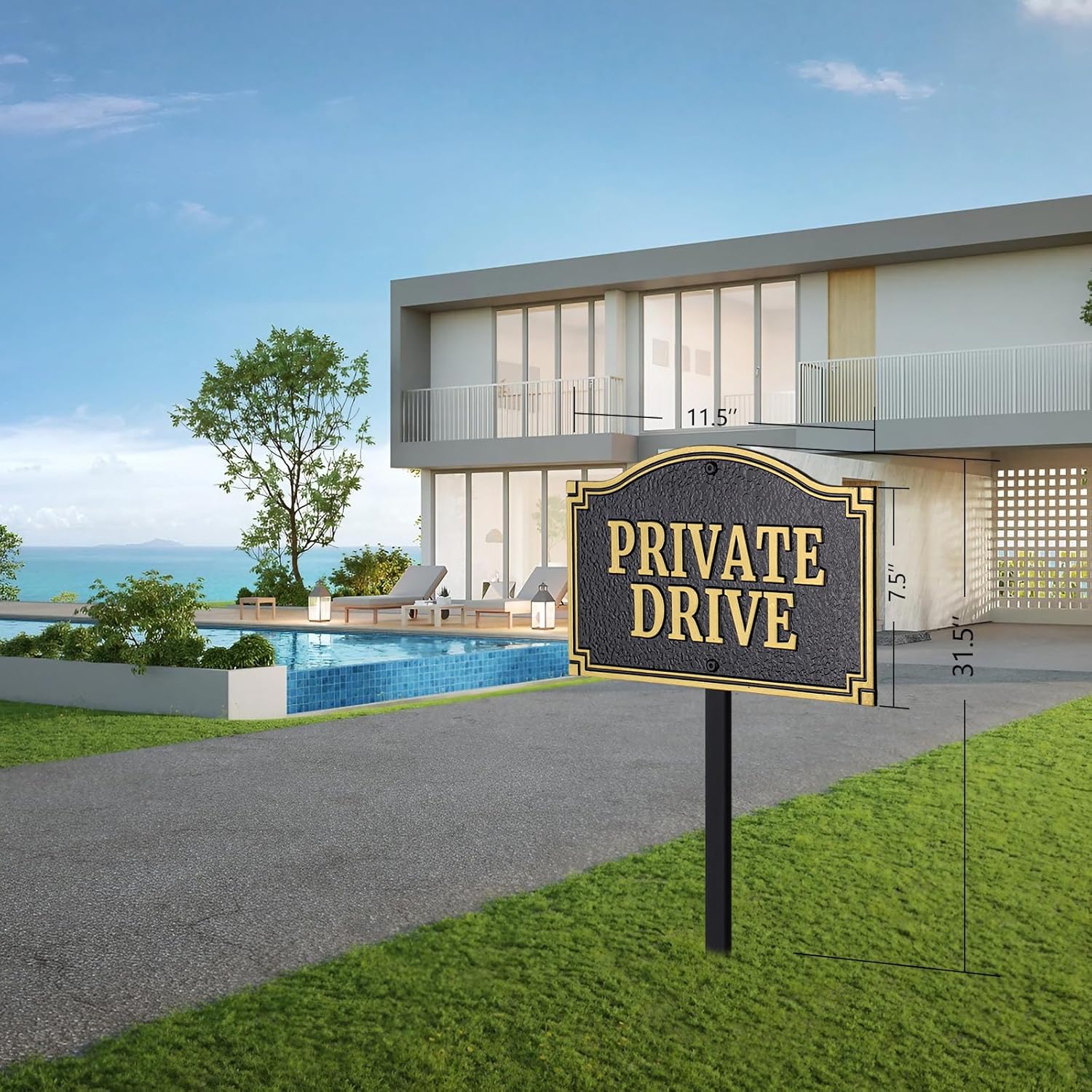 Private Drive Statement Plaque, Solid Metal Cast,Private Road/Driveway Sign, Heavy-duty Material, Golden Embossed Letters,11.5"×7.5" with 31.5" Stakes