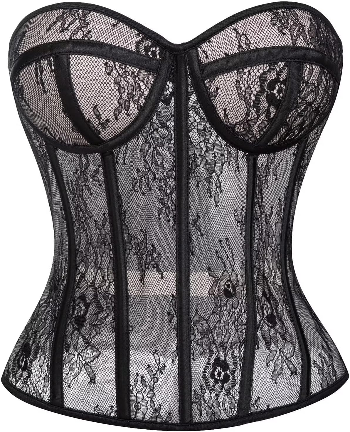 Mesh Corset Tops For Women Sexy Overbust with Steel Boned Bustier Lace Up Waist Bodysuit Shapewear