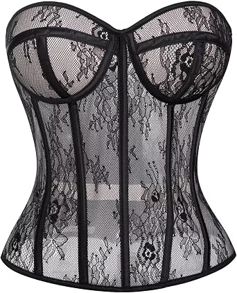 Womens Mesh Corset Tops Overbust Bustier Lace Up Shapewear