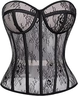 Mesh Corset Tops For Women Sexy Overbust with Steel Boned Bustier Lace Up Waist Bodysuit Shapewear