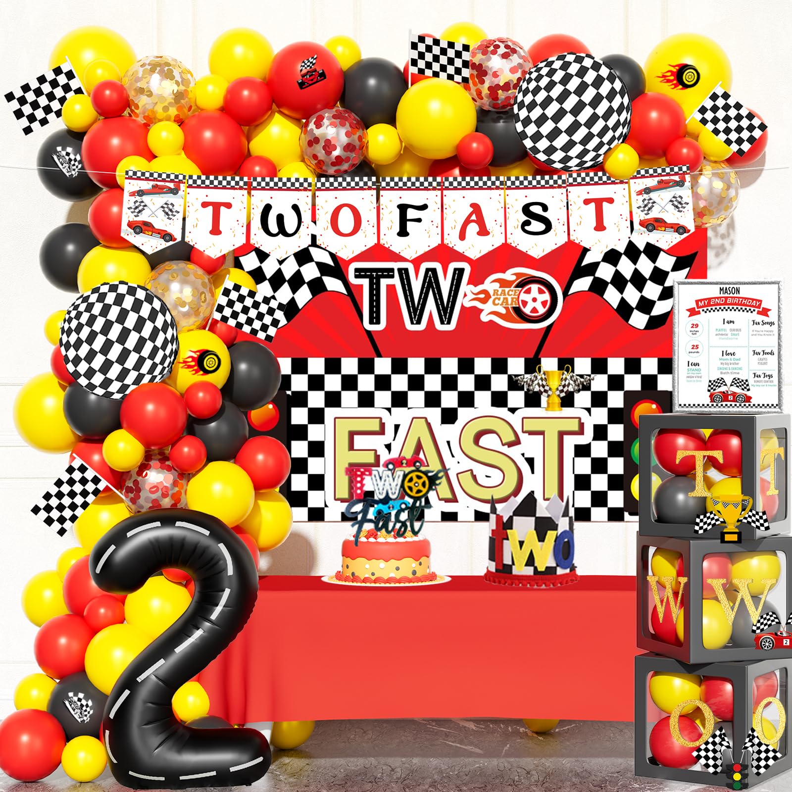 Fiesec Two Fast Birthday Decorations – 131 PCs Race Car Themed Birthday Party Supplies with Two Fast Backdrop, Balloon Garland, Balloon Boxes, Number 2 Foil Balloon, Banner, Cake Topper, Poster