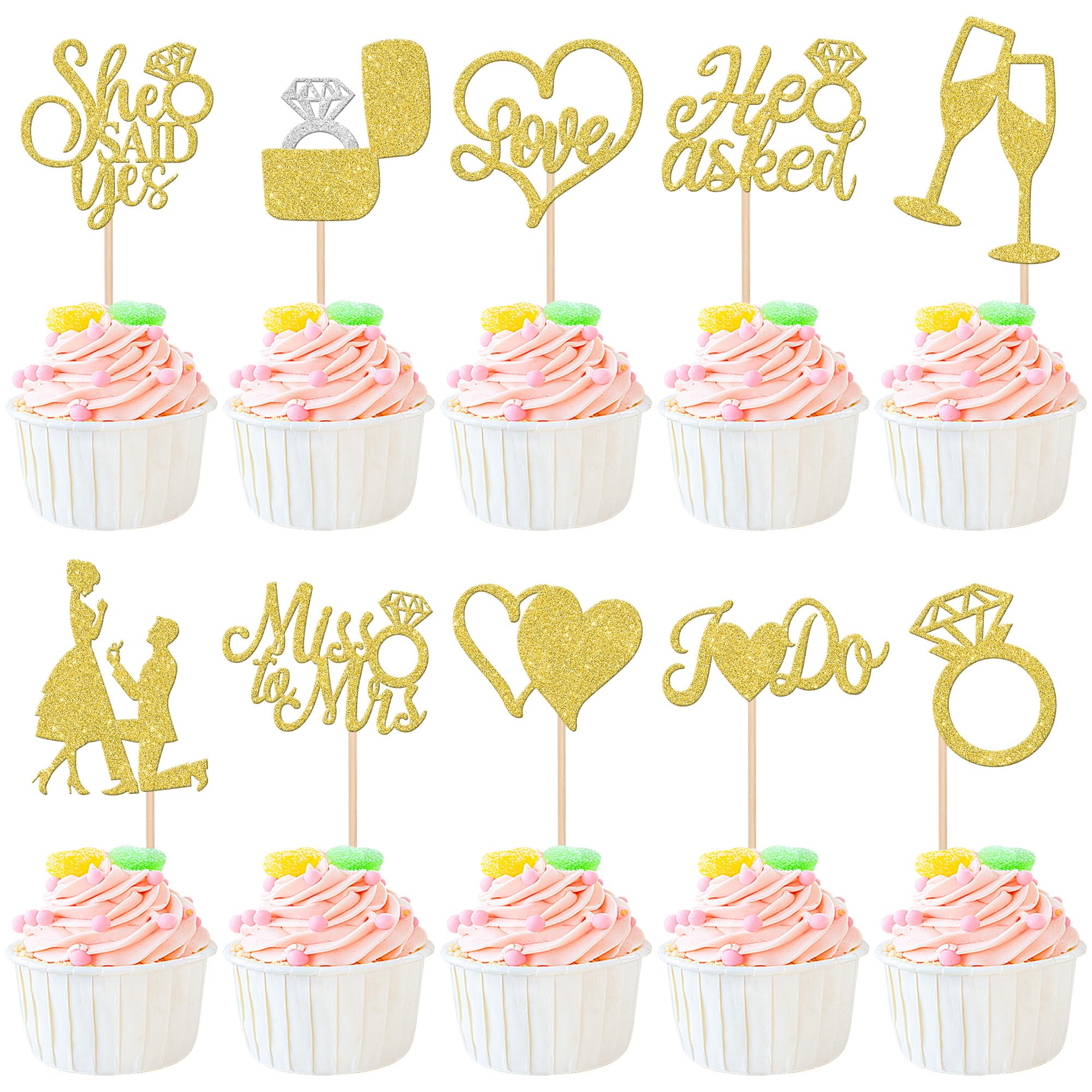 30 PCS He Asked She Said Yes Cupcake Toppers Glitter Engagement Cupcake Toppers Miss to Mrs I Do Love Heart Ring Miss to Mrs Cupcake Picks for Wedding