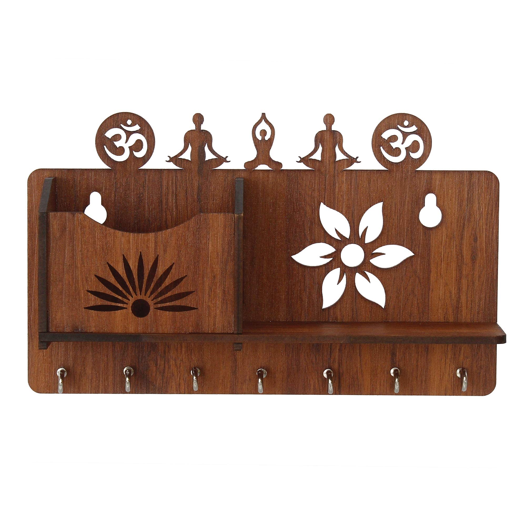 CAPIO ART Wooden Key Holder for Home Decor Stylish | Key Hangers for Wall | Decorative Key Stand for Wall | Key Chain Holder with Mobile Stand | 7 Hooks & Shelf, 10" By 6" | Office Key Holder | Brown 2