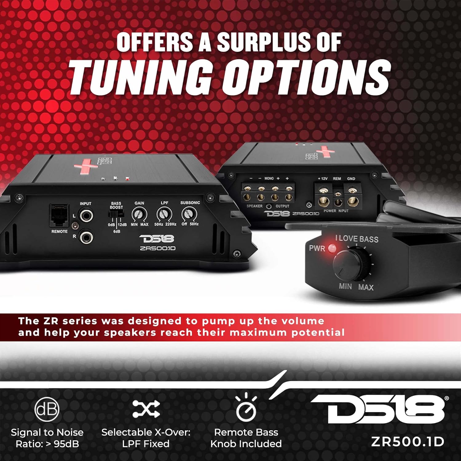 DS18 ZR500.1D Car Amplifier Class D 1-Channel Digital Monoblock Amp with Remote Subwoofer Level Control 1500 Watts Peak Power - Adjustable Low Pass, Gain Knob, Subsonic Frequency and Bass Boost