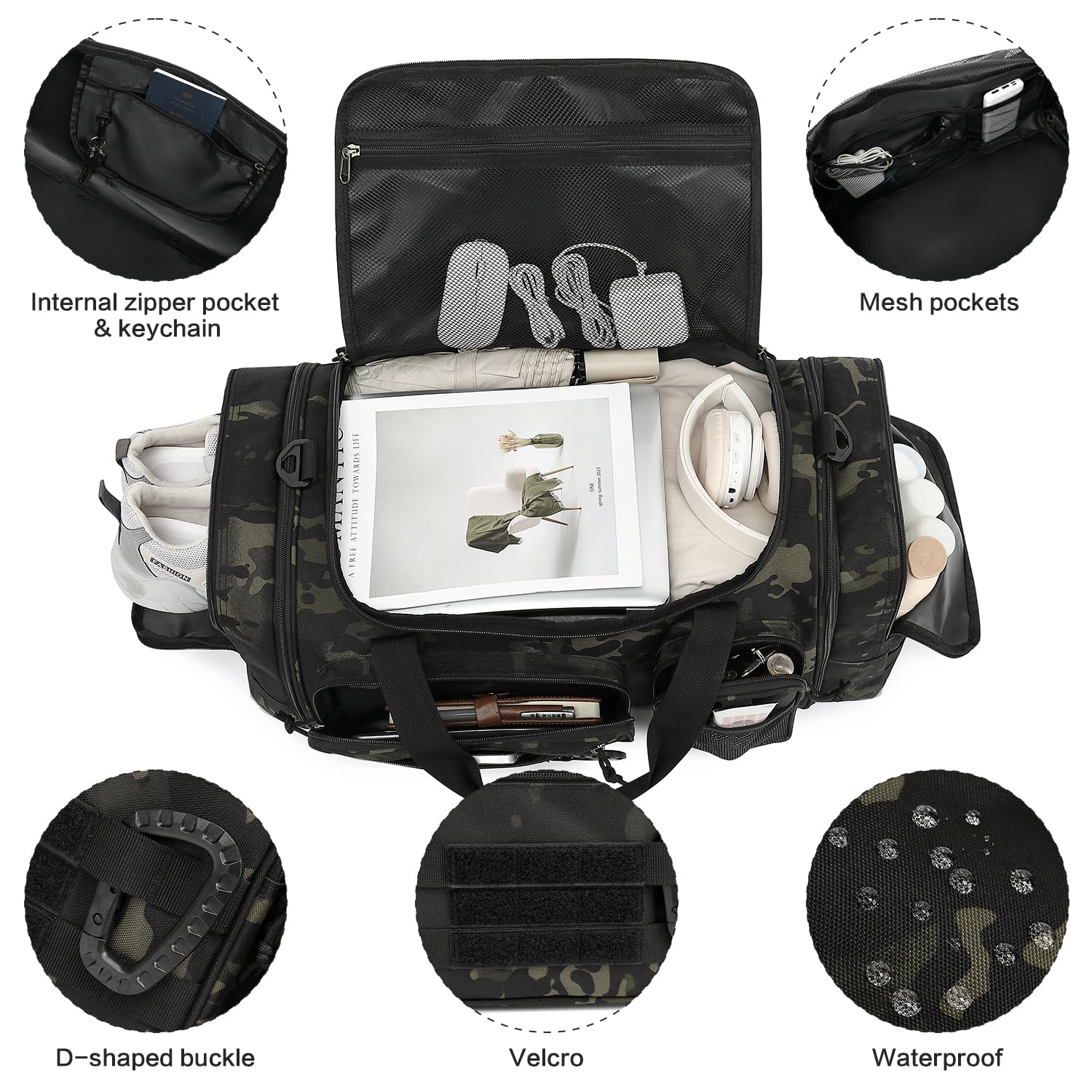 Borsone Tattico Palestra Uomo 50-55 Litri Espandibile 3 in 1 Borsa Zaino Sportiva Grande Militare da Viaggio con Scomparto per Scarpe e Tasca Bagnata per Allenamento, Viaggi, Campeggio, Camo