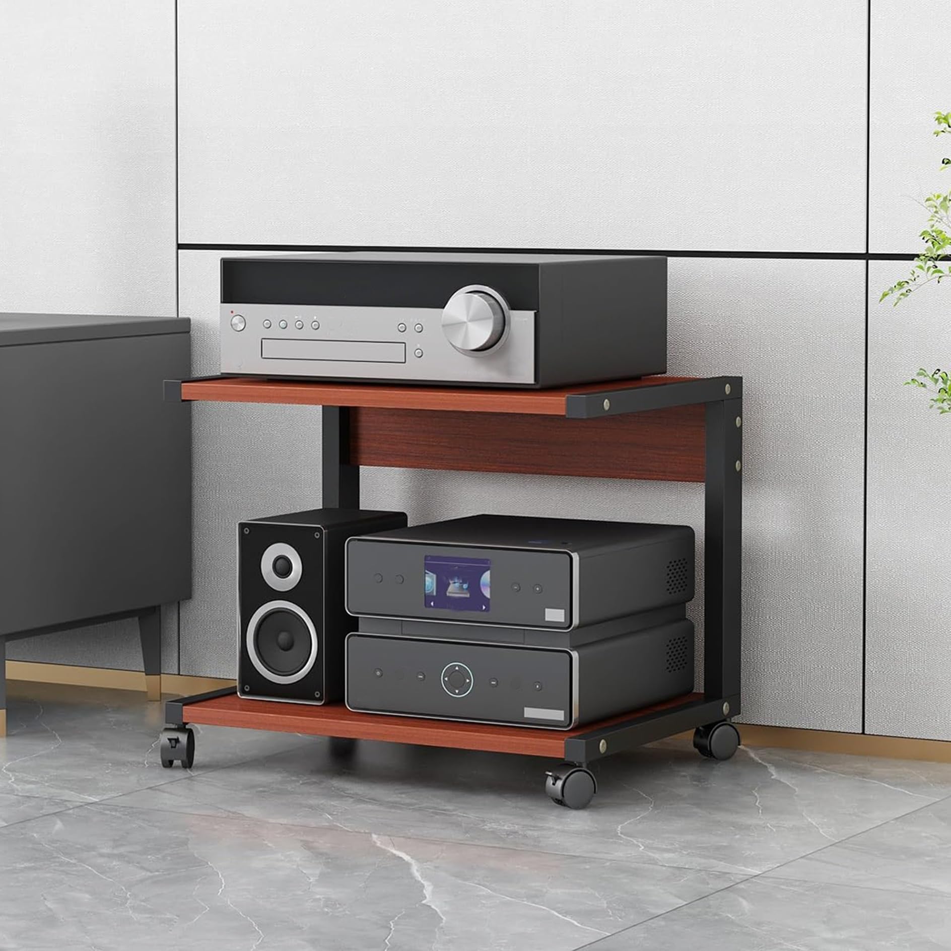 CWCQGH Modern Media Stand with Wheels 2 Tier Wooden Audio Video Shelving Stereo Rack & Corner Entertainment Center for Living & Gaming Room,Teak-50x40x45cm
