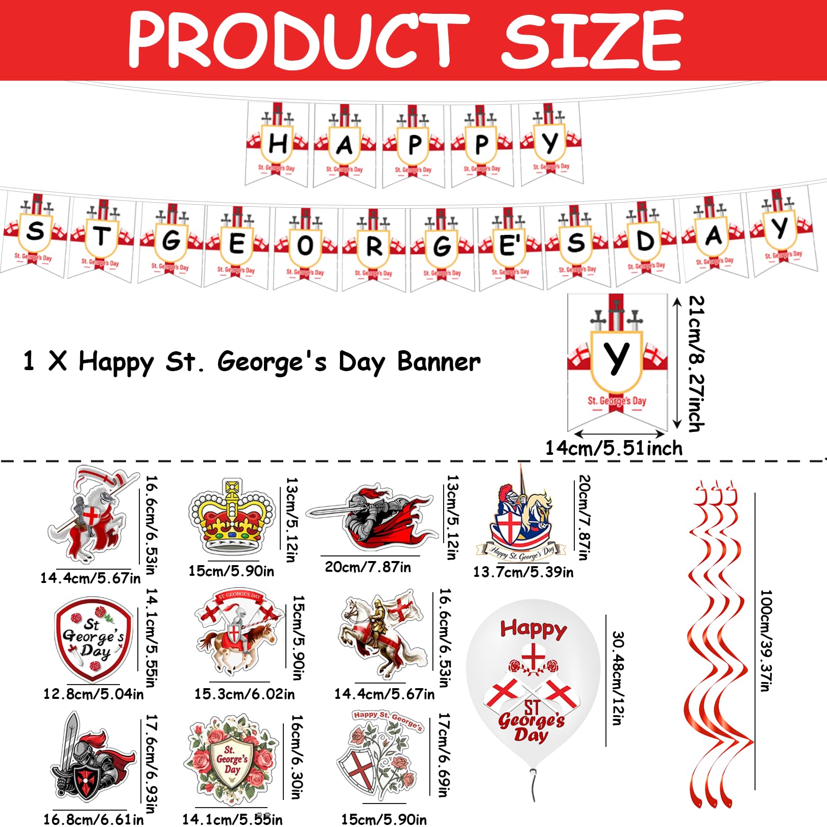 England St Georges Day Decorations Kit Happy St Georges Day Banner Swirls Balloons Hanging Decorations Indoor Outdoor Party Celebration Accessories — view 3