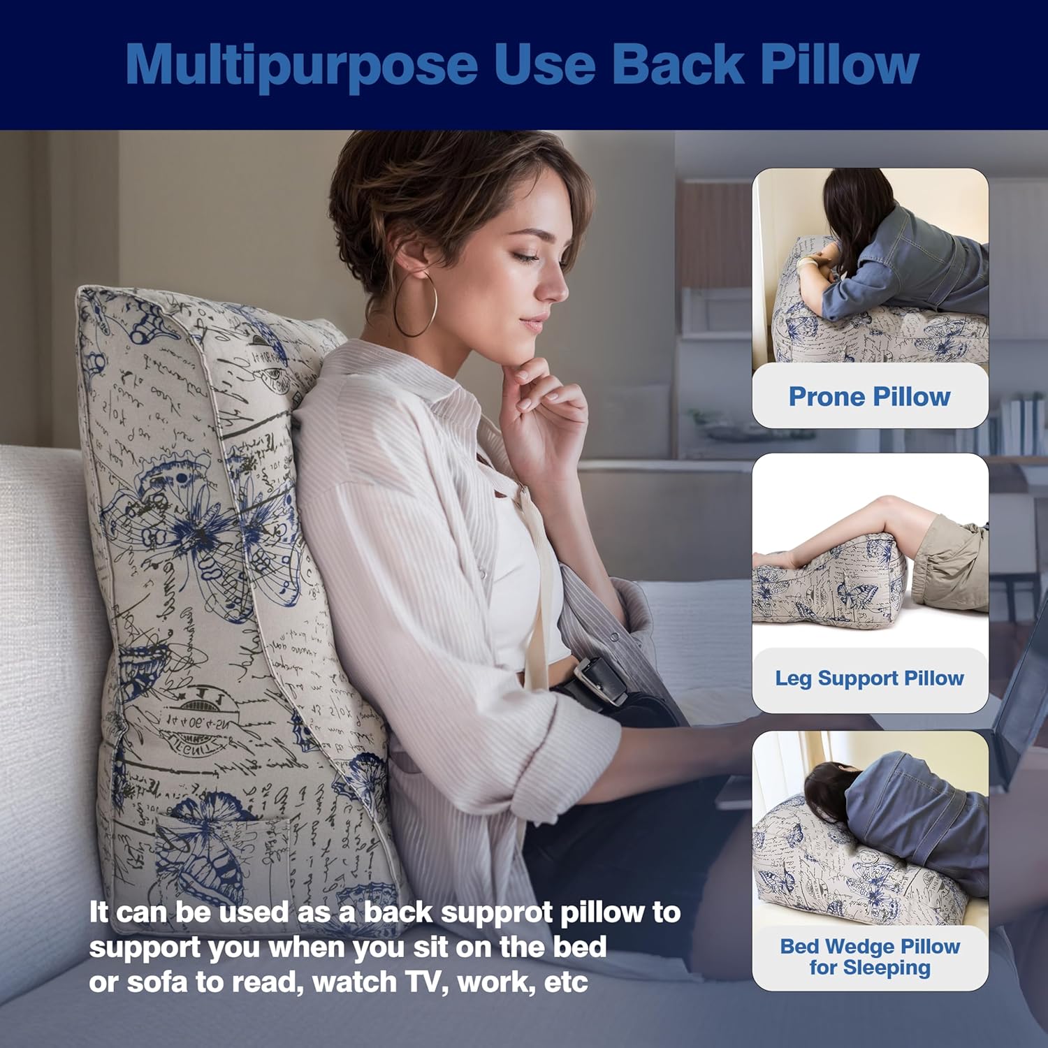 Daneey Reading Pillow for Bed Adult, Back Support Pillow for Bed, Sit Up Pillow Backrest, 24 * 10 * 24IN, 100% Cotton, Printed Floral Pillows for Sofa Couch, Blue