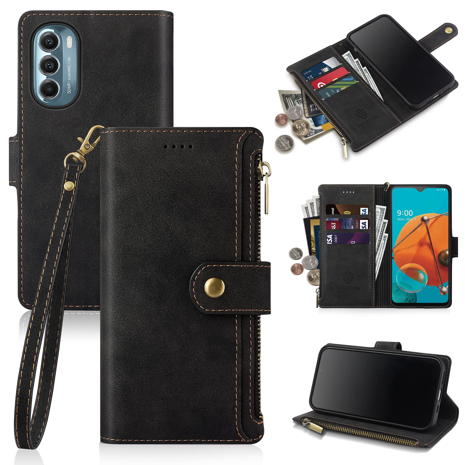 Antsturdy Motorola Moto G Stylus 5G 2022 Wallet case with Card Holder for Women Men,Moto G Stylus 5G 2022 Phone case RFID Blocking PU Leather Flip Cover with Strap Zipper Credit Card Slots,Black