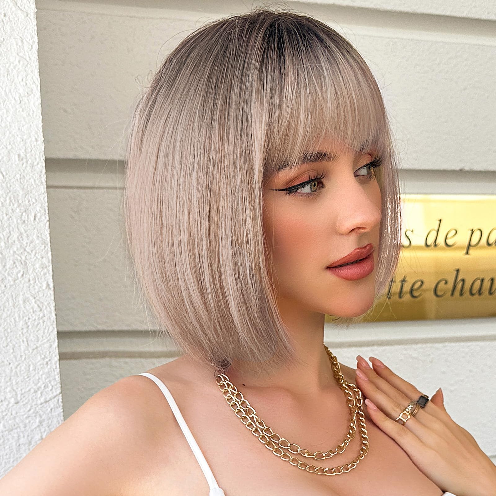 WOKESTAR Blonde Bob Wigs for Women Synthetic Wig with Fringe