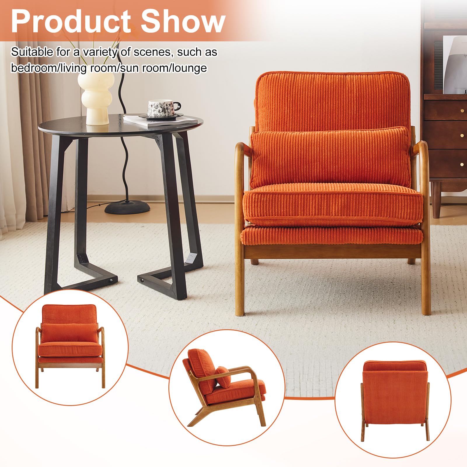 Bonnlo Sillón Butaca Individual de Salón, Estilo Nórdico Retro, Tapizado de Pana Acanalada Suave, Estructura de Madera Maciza, Cojín Incluido, 65×80×78 cm, Carga Máxima 150 kg (Naranja)