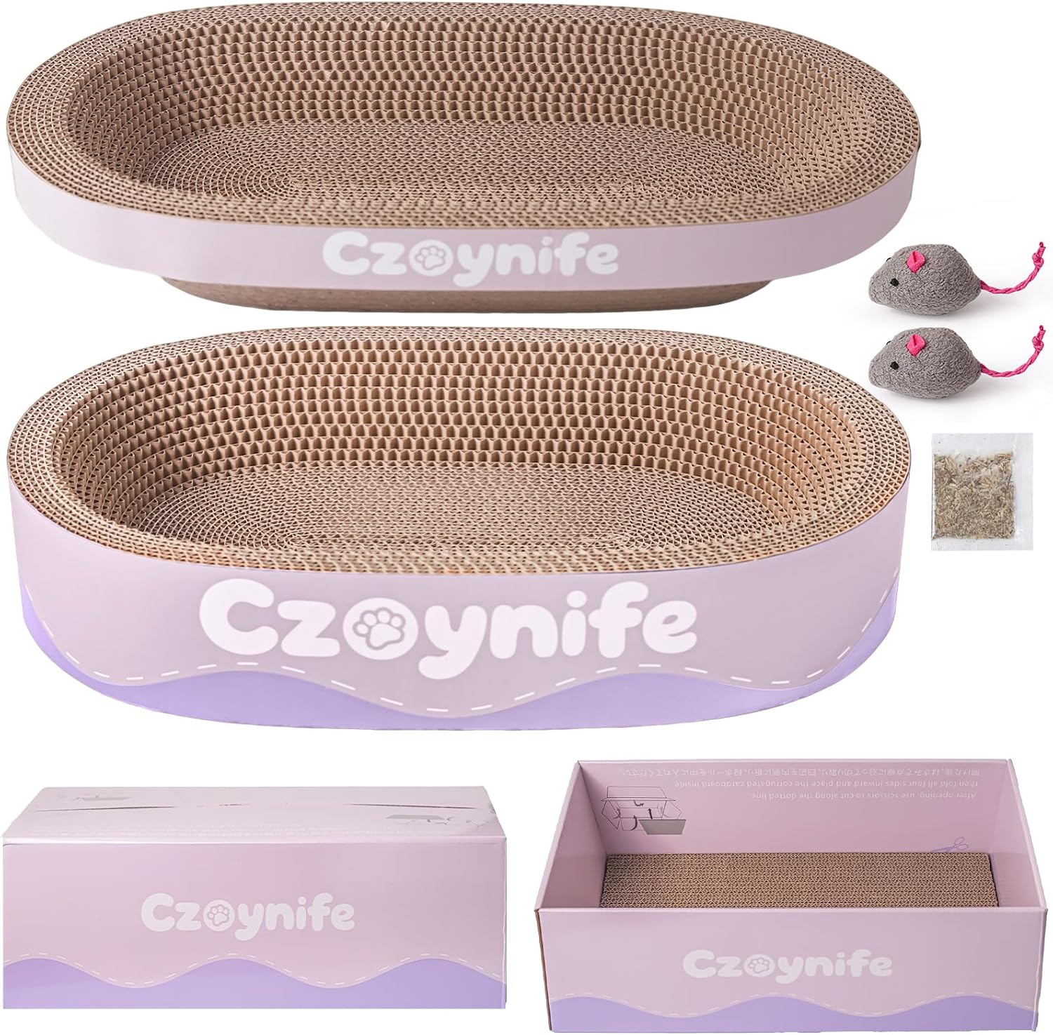 3PCS Cat Scratcher Cardboard, Oval Cat Scratch Pad Bowl Nest for Indoor Cats, Round Cat Scratching Board Corrugated Lounge Cat Bed, Furniture Protector for Couch (Purple, 15.7 * 10 in)