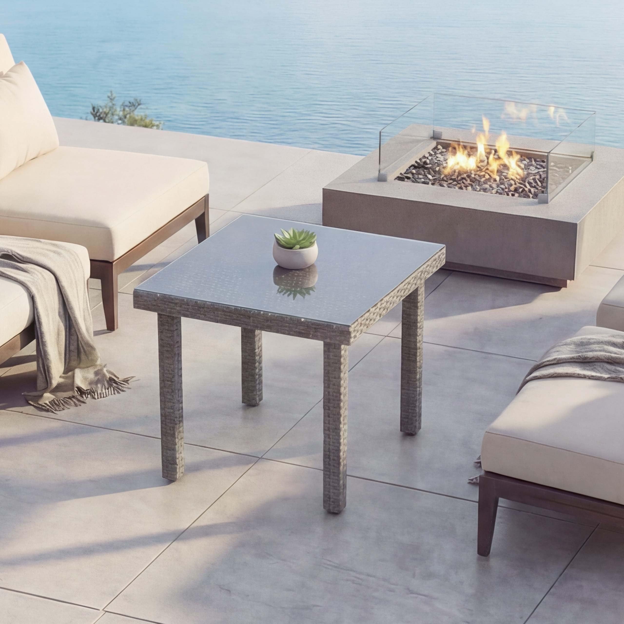 Mendler Poly-Rattan Gartentisch Cava, 80x80cm - grau | Esstisch, Beistelltisch, Tisch mit Glasplatte