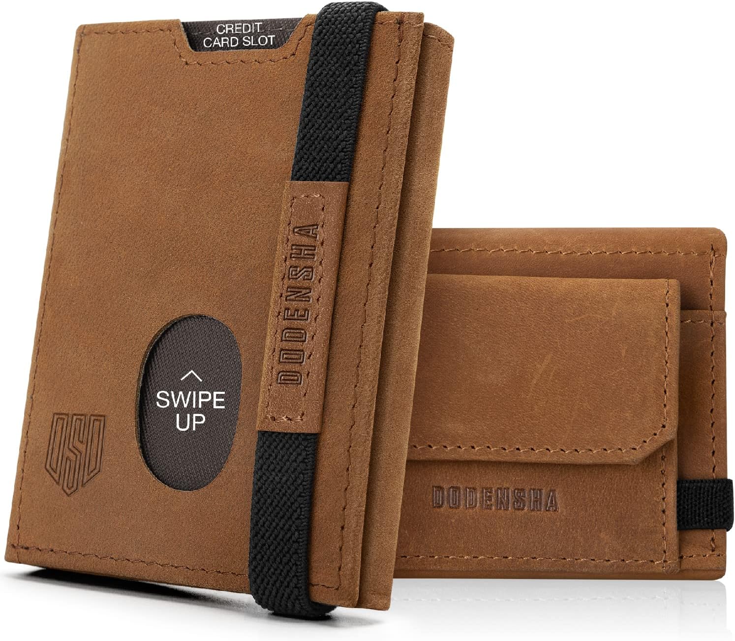 Mens Leather Trifold Wallet with Coin Pocket, 2 Banknote Compartments, ID Window, Elastic Strap, Brown