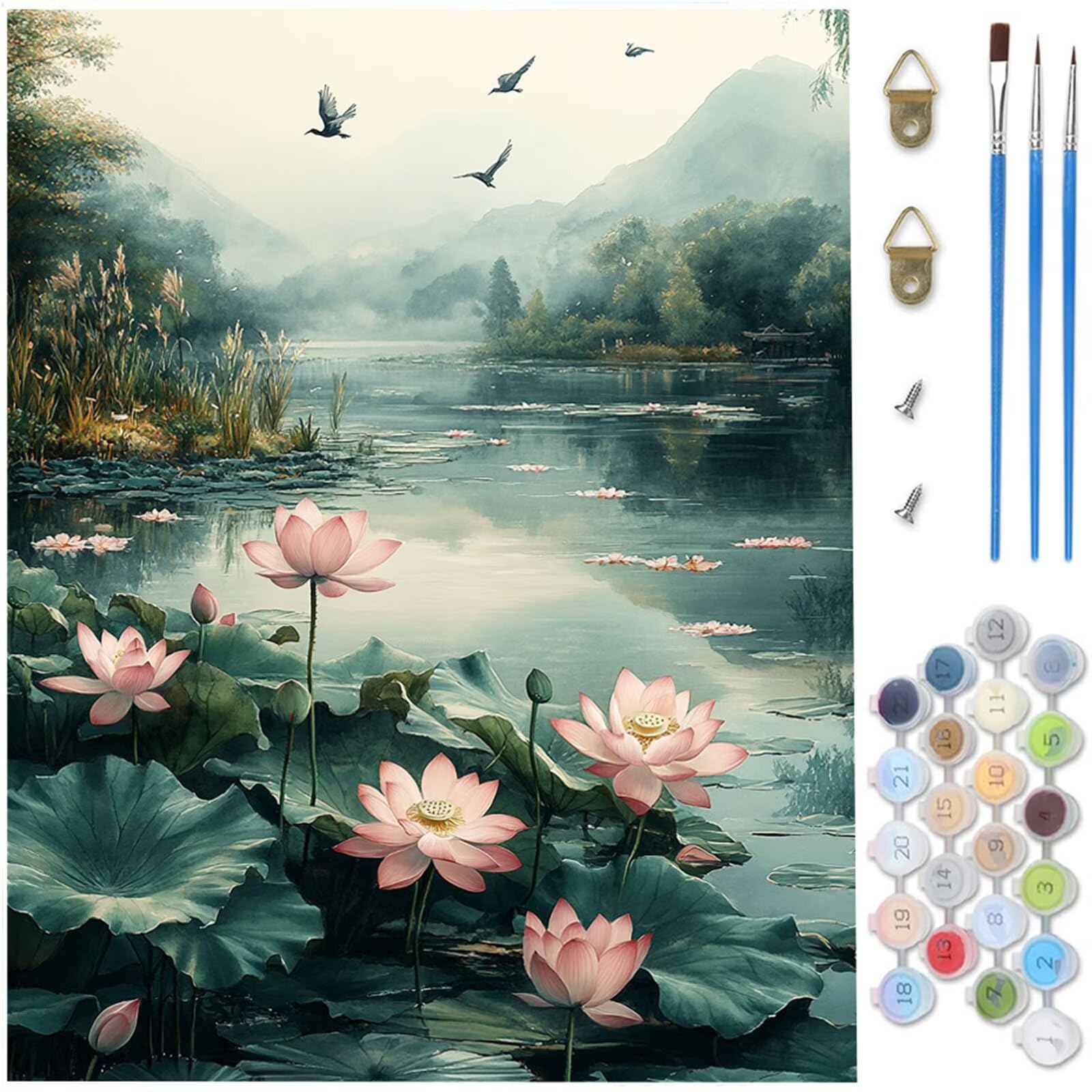 Dipingere con i Numeri Adulti stagno, Loto Kit Dipingere con i Numeri, Fai-da-Te per Principianti Paint by Numbers con 3 Penne e Colori Acrilici per Decorazioni Autunnali Casa Regalo 80x120cm D1-881