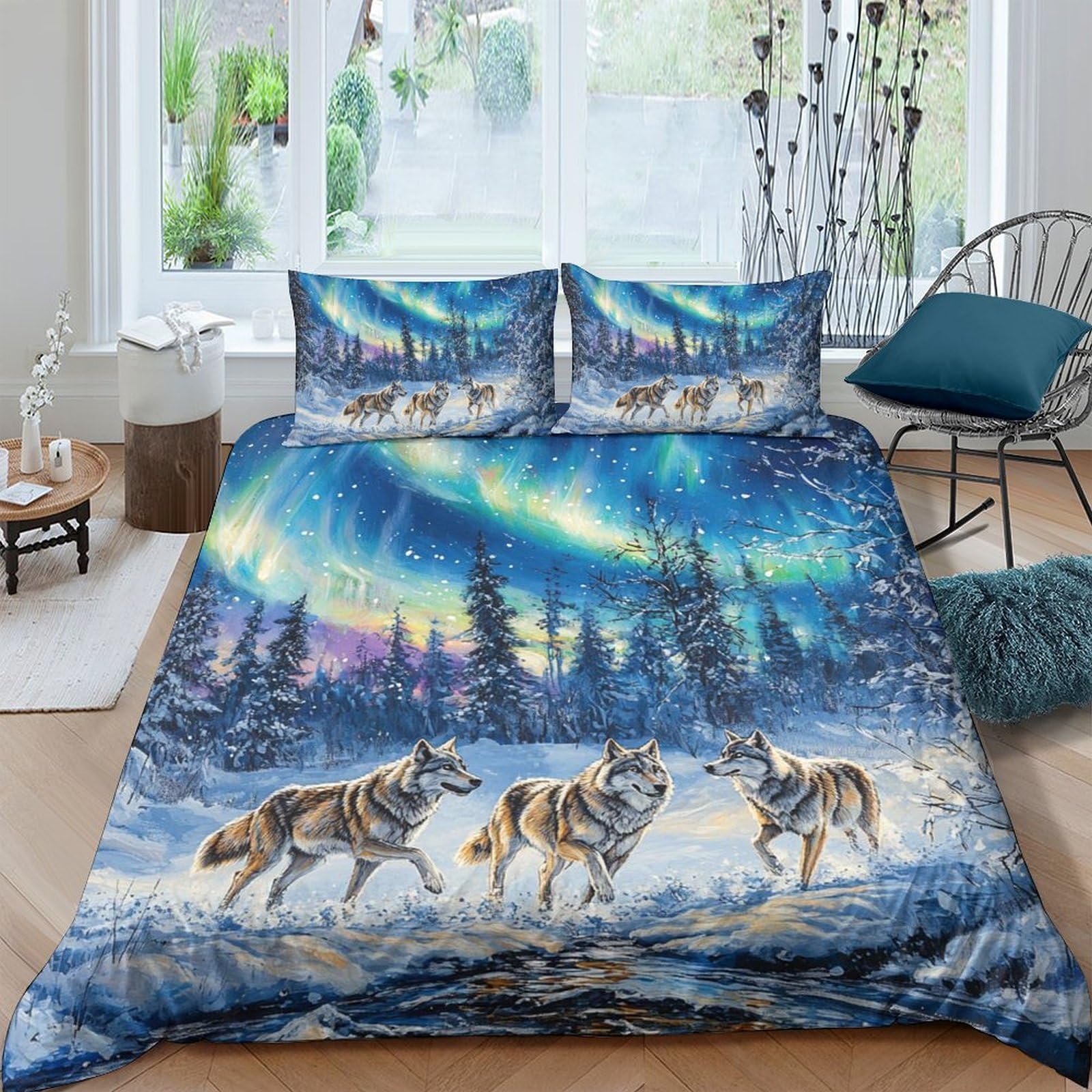 GPLZQXKJNH 3D Printed Aurora Borealis Wolf Duvet Cover Set Microfiber Soft Breathable Forest Bedding with 2 Pillowcases for Bedroom Decor Single（135x200cm）