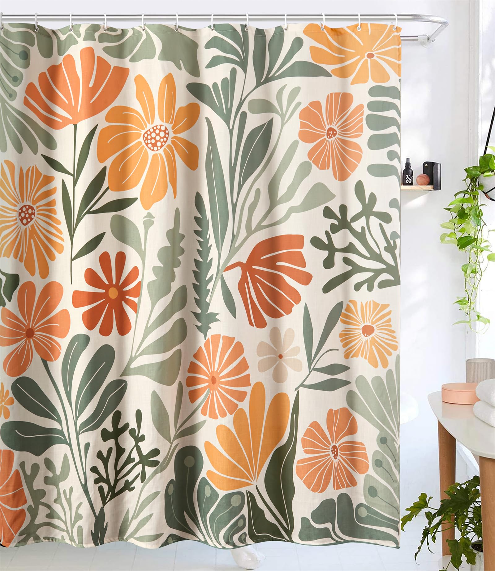 RoomTalks Cute Colorful Floral Faux Linen Shower Curtain for Funky Aesthetic Bathroom Decor - Heavy Duty Modern Abstract Matisse Summer Flowers Plants Botanical Shower Curtain Set