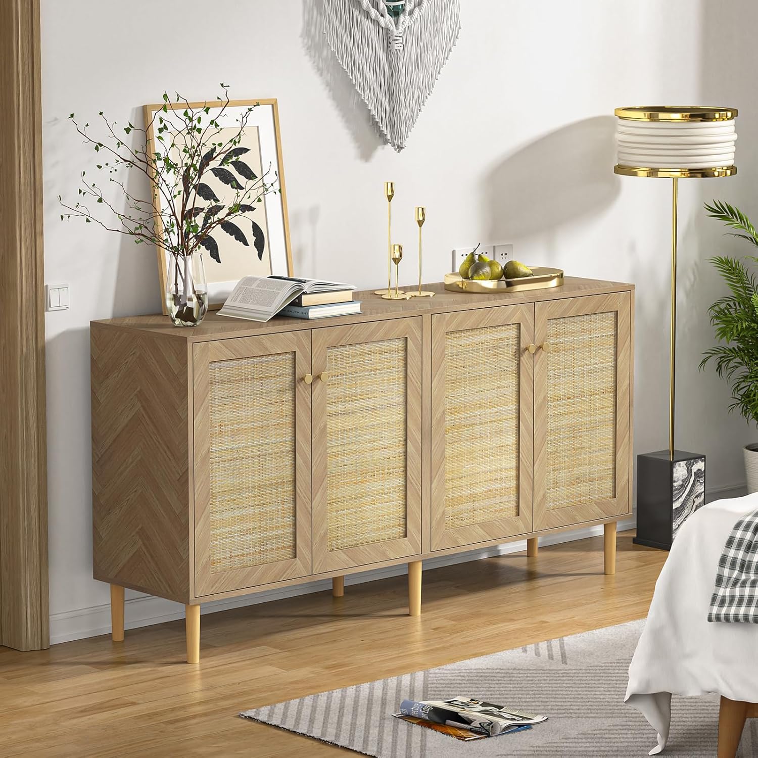 63''W Rattan Large Kitchen Storage Cabinet with 4 Doors, Modern Accent Cabinet Console Table, Wood Sideboard Credenzas with Adjustable Shelf for Kitchen