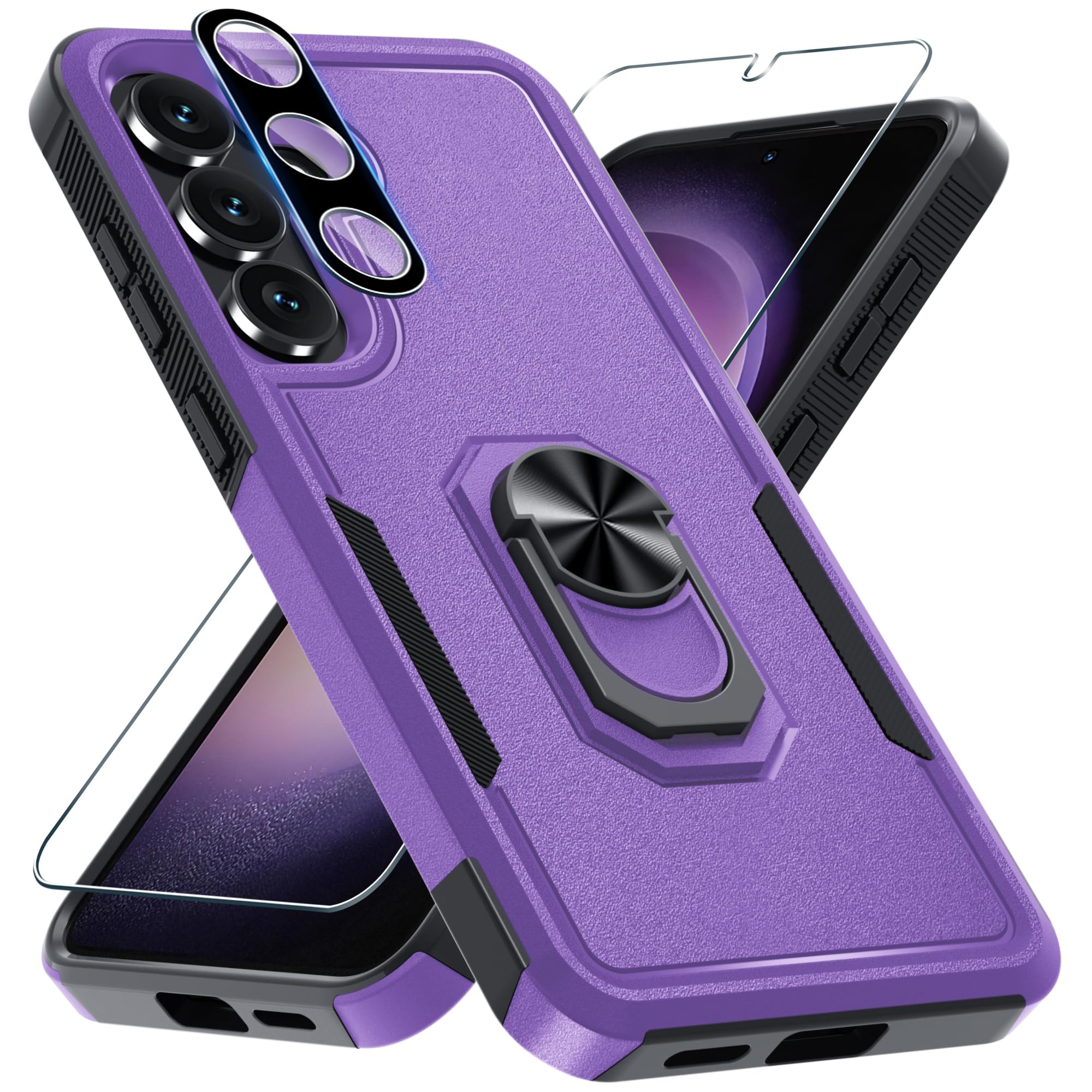 Janmitta for Samsung Galaxy S25 FE Case with Screen Protector+Camera Lens Protector,Heavy Duty Shockproof Full Body Protective Cover Built in Rotatable Metal Ring Holder Kickstand,2025 Lavender