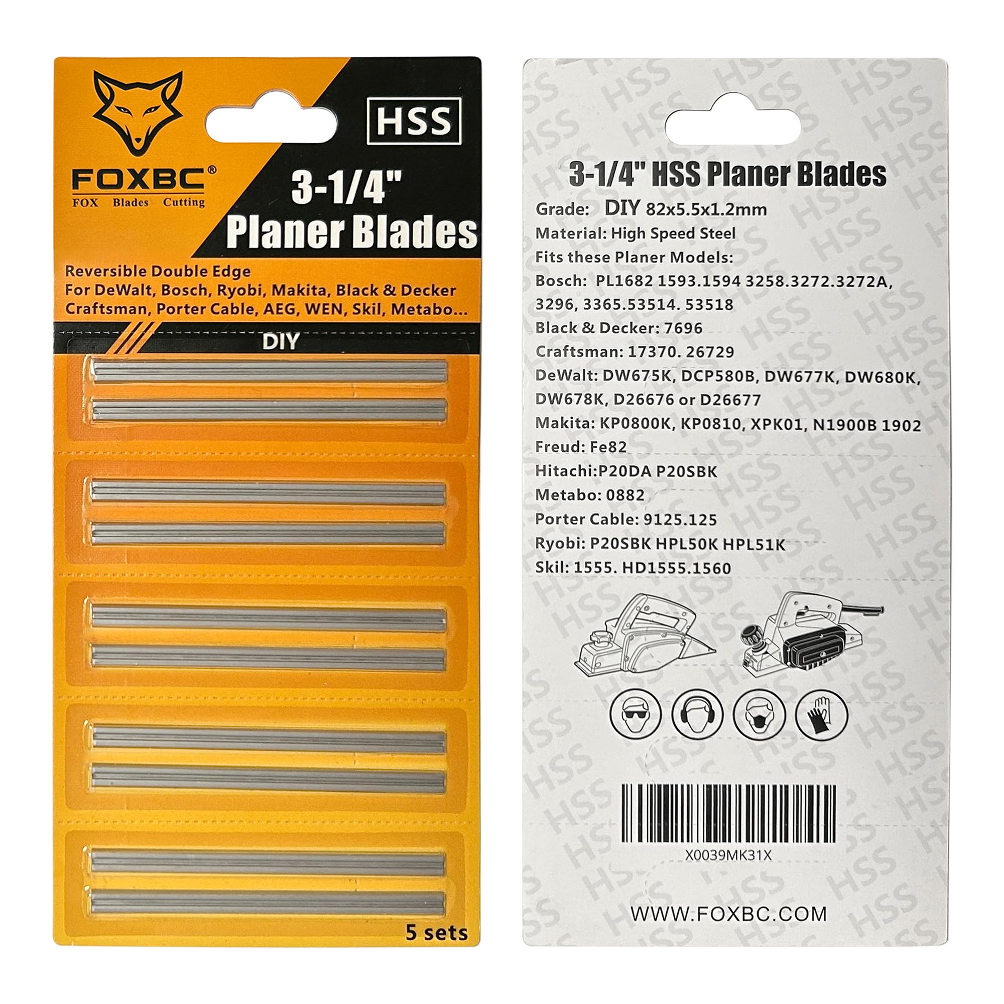 FOXBC Cuchillas cepilladoras HSS, de carburo de 3-1/4 pulgadas de repuesto para cepilladoras portátiles Bosch, Makita, DeWalt, Wen 6530, Ryobi, Craftsman y más de 3-1/4 pulgadas, paquete de 20