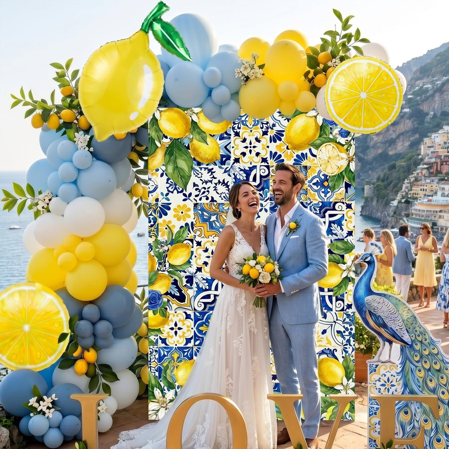 Kit per arco di palloncini blu polveroso con sfondo della Costiera Amalfitana, decorazioni per feste di compleanno estivo, festa di limonata, addio al nubilato, baby shower