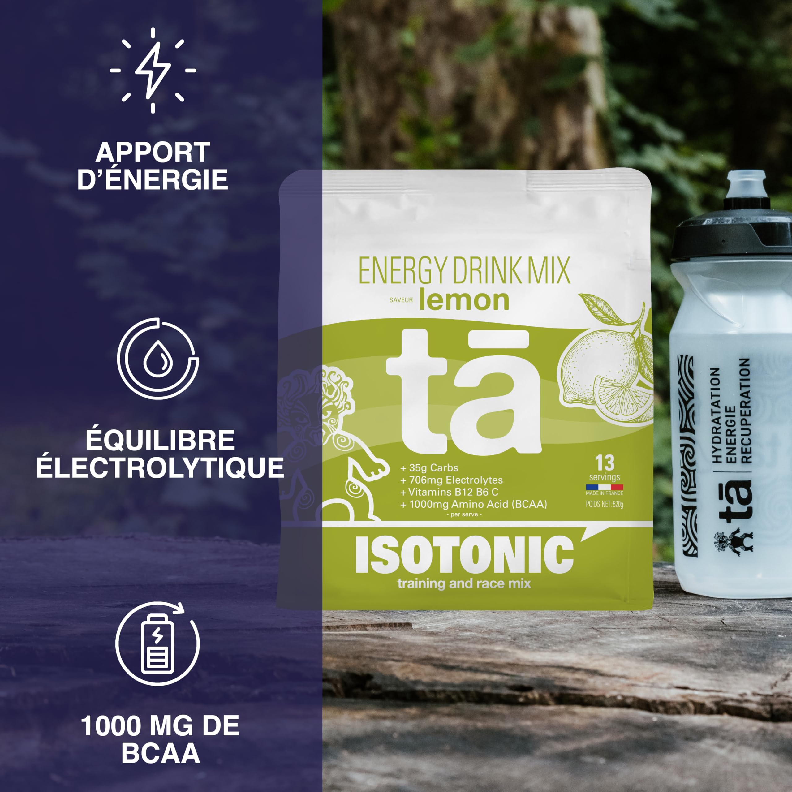 Boisson Énergétique fabriquée en France. Apport en Glucides, Electrolytes (sodium, magnésium, potassium) Vit (C, B6, B12) et BCAA. Sac de 520g soit 13 bidons de 500ml (Citron)