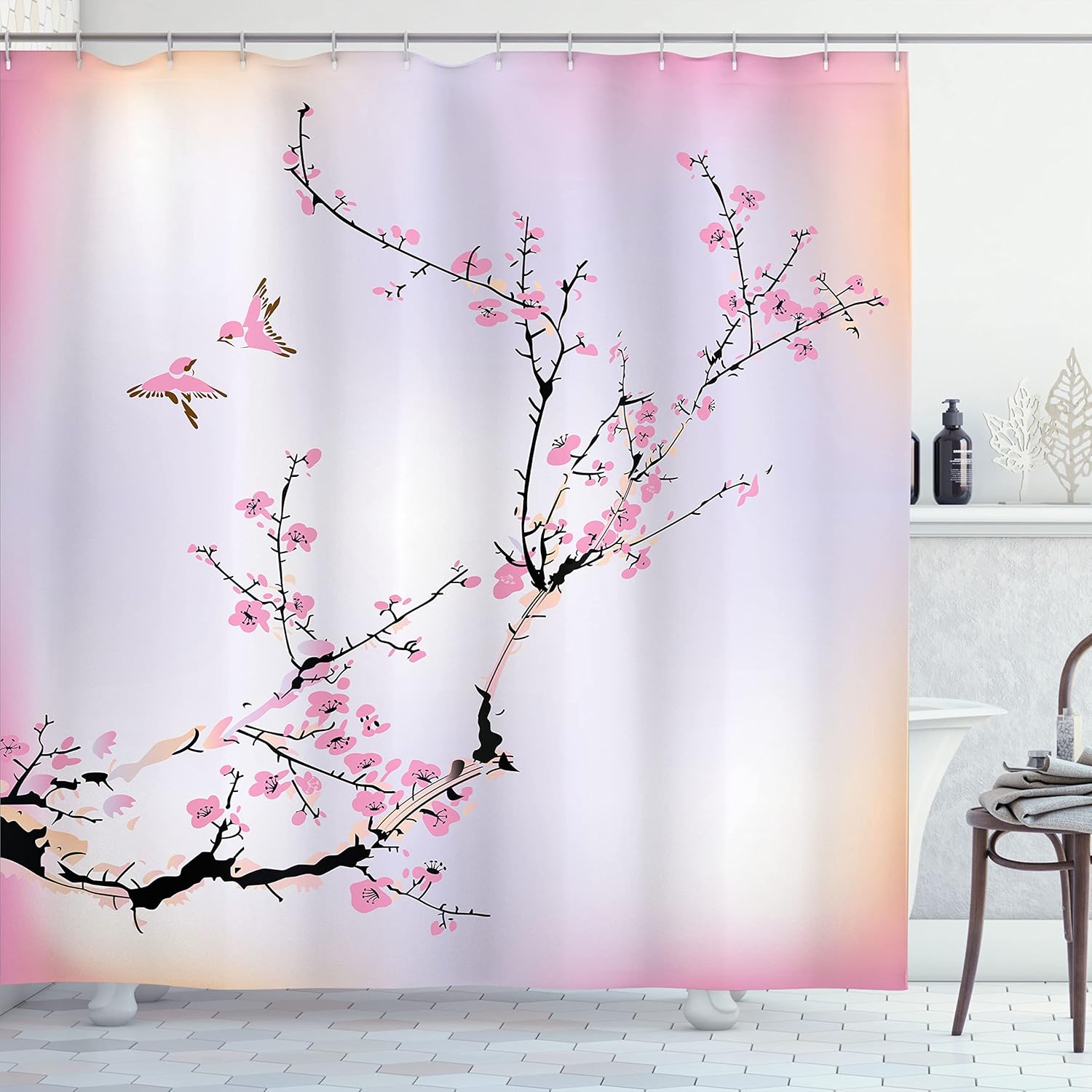 Ambesonne Nature Shower Curtain, Flowers Buds and Birds with Cherry Branches Style Art Pastel Sugary Tones, Cloth Fabric Set with Hooks for Bathroom and House Decorations, 69" W x 70" L, Pastel Purple