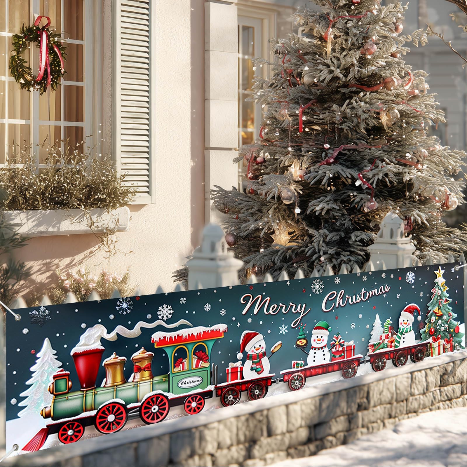 Condition photo showing New/Like New for Christmas Fence Banner 78x17 Inch Merry Christmas Train Outdoor Decorations Snowman Santa Tree Holiday Wall Backdrop for Yard Porch Fence Decor