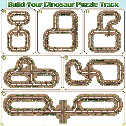 Miniatura 4 de Juego de 48 piezas de rompecabezas de dinosaurio con 2 vehículos, pista de auto de rompecabezas para niños pequeños, juguete educativo para niños,