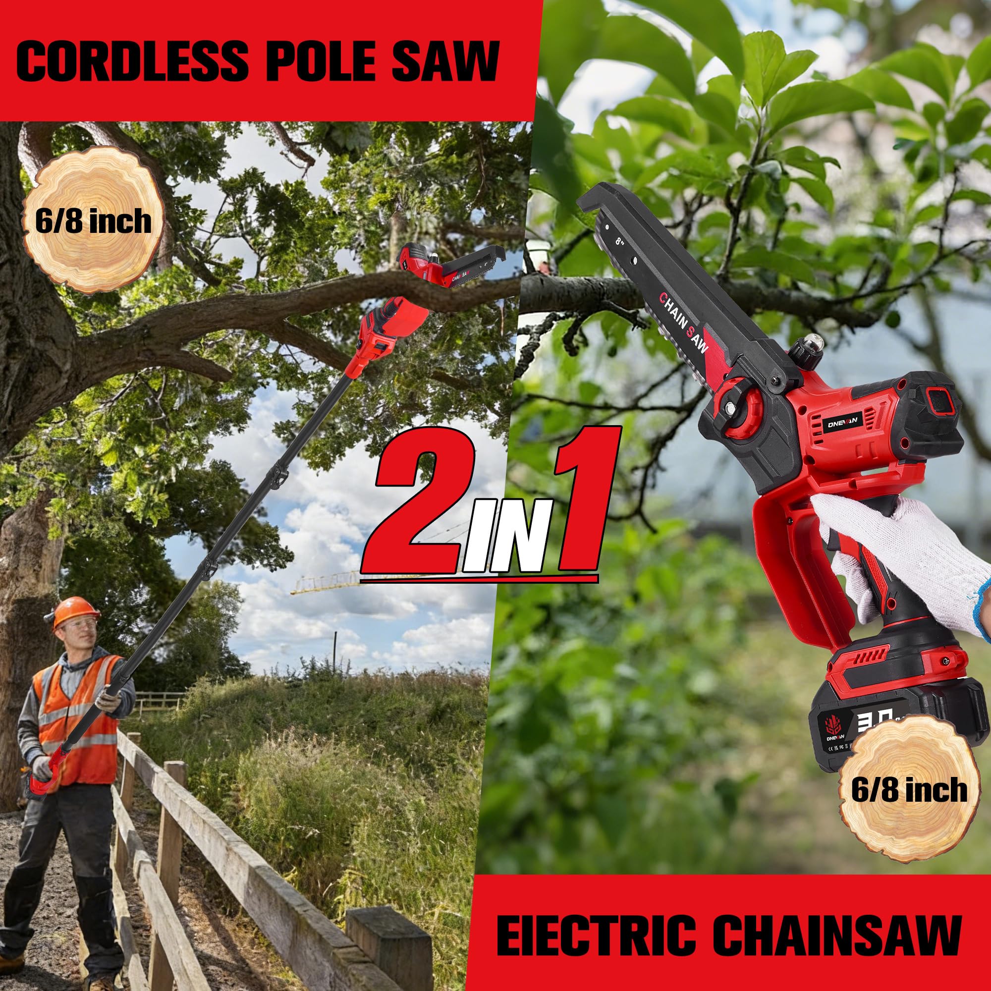 ONEVAN 4-in-1 Akku Hochentaster, Bürstenlos 8" und 6" Kettensäge Astsäge mit 2.5m Teleskopstange, 10M/S Teleskop Astsäge 700W, 180° Drehbarer Kopf, 2x3.0Ah Akkus, für Garten, Baumpflege (Rot)