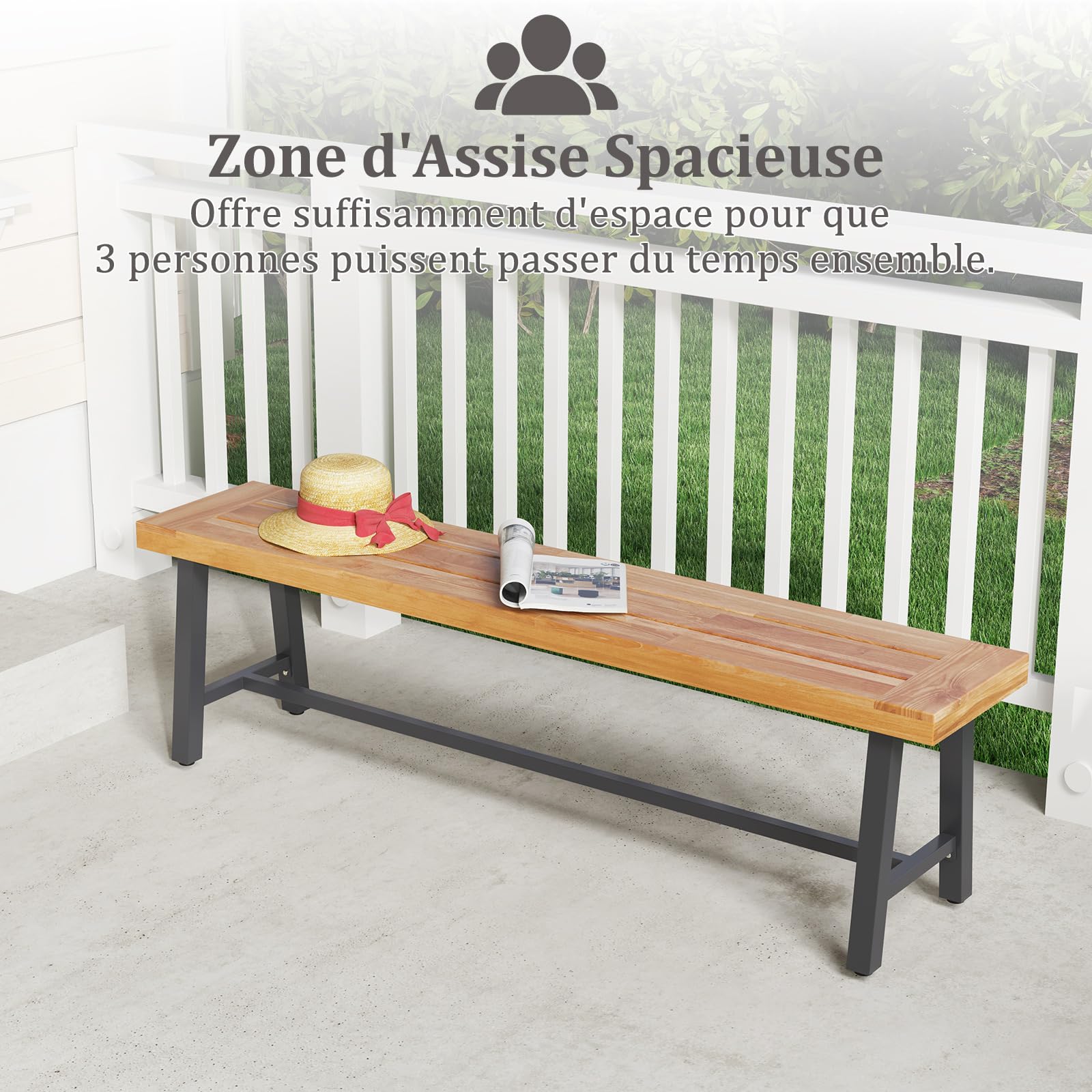 COSTWAY Lot de 2 Banc Exterieur Jardin en Bois d’Acacia, Banc de Jardin à 3 Places, Capacité 360 kg, Coussinets Antidérapants, Pieds en Métal, Banquette pour Cour Porche Terrasse, 160 x 32 x 45 cm