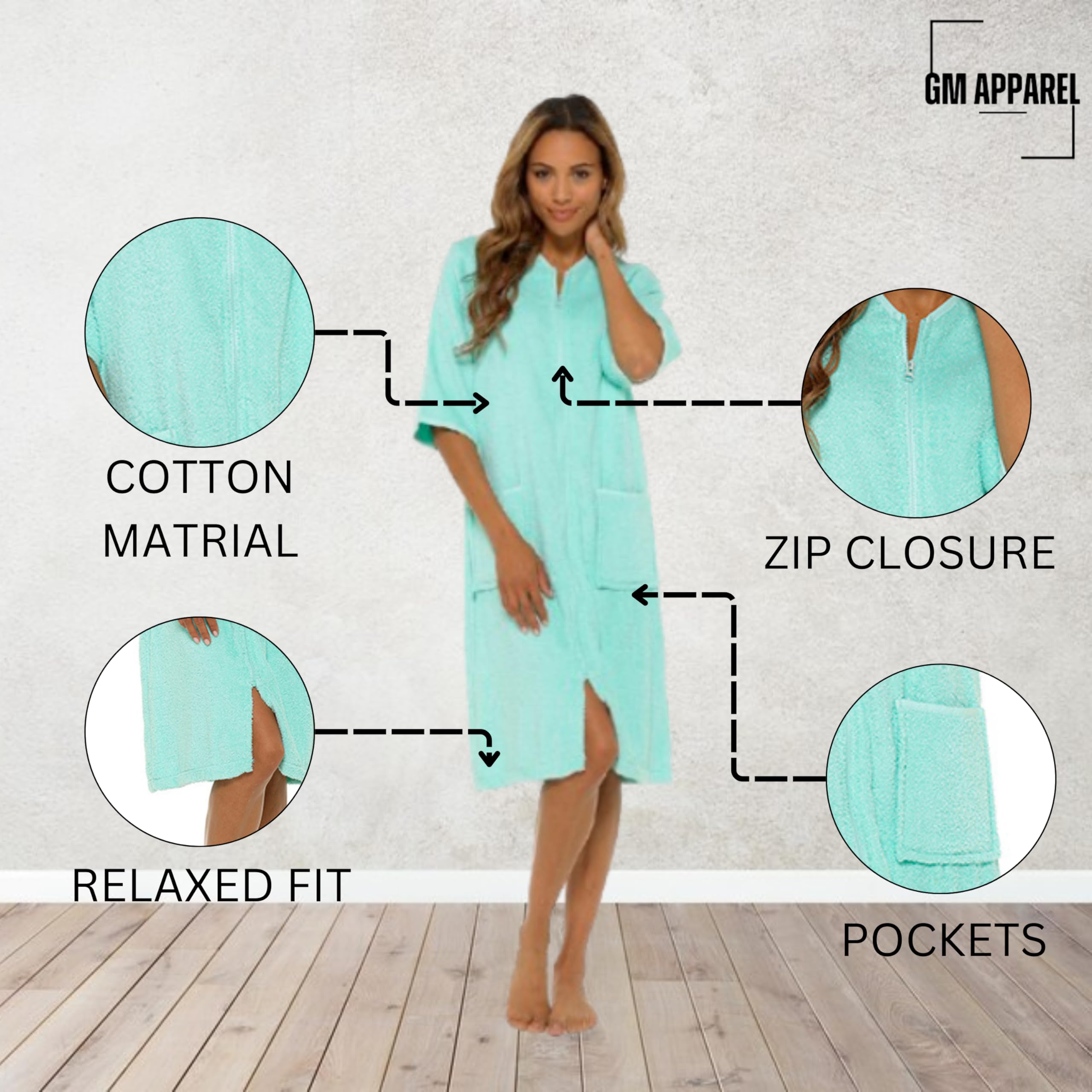 GM Apparel Women’s Zip Up Bathrobe Dressing Gown - 100% Cotton Ladies Terry Towelling Bath Robes - Highly Absorbent Towel Robes