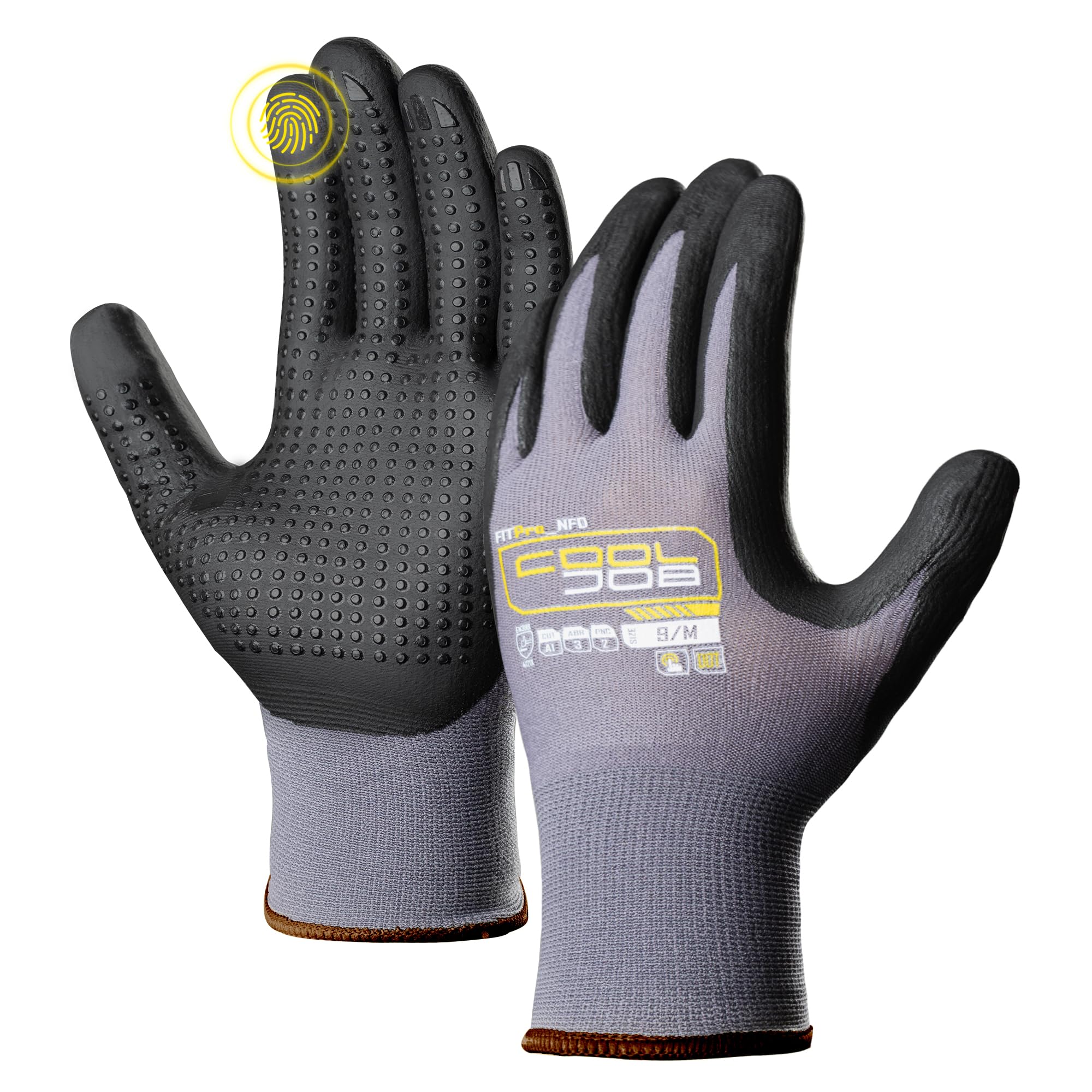 COOLJOB 6 Pairs Nitrile Rubber Dipped Safety Work Gloves with Grip Dots, Seamless Knit Nylon Gloves with 2 Fingers Touchscreen, Non-slip Coated for