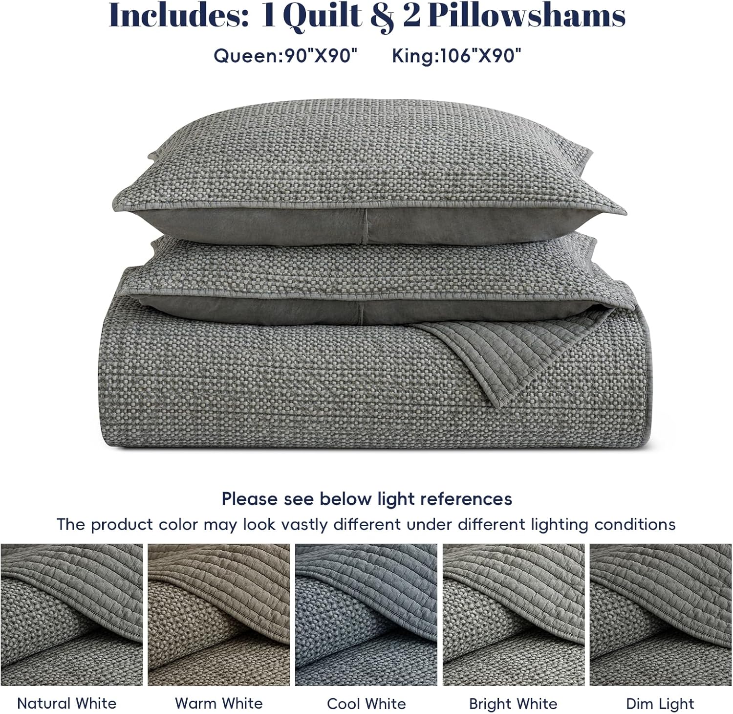 PHF Stone-Washed 100% Cotton Waffle Quilt Set Queen Size (90"x90") – 3PC Lightweight Striped Channel Quilted Bedspread for All Season, Soft Vintage Coverlet for Home Decor, Frosted Grey - Image 7