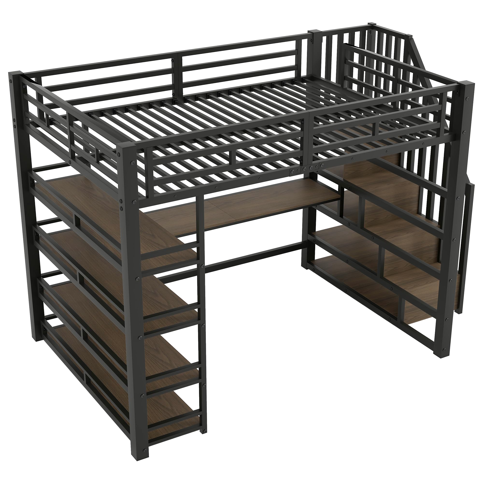 Letto a soppalco in metallo, 140 x 200 cm, con scale, scrivania integrata, vano portaoggetti, stazione di ricarica USB e luce LED, bianco (nero)