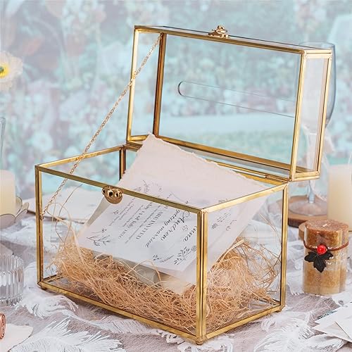 Miniatura 5 de NCYP Caja para tarjetas de boda con ranura, 9.8 x 5.6 x 7.7 pulgadas, caja sobre de vidrio dorada para recepción de fiesta de cumpleaños, centro de