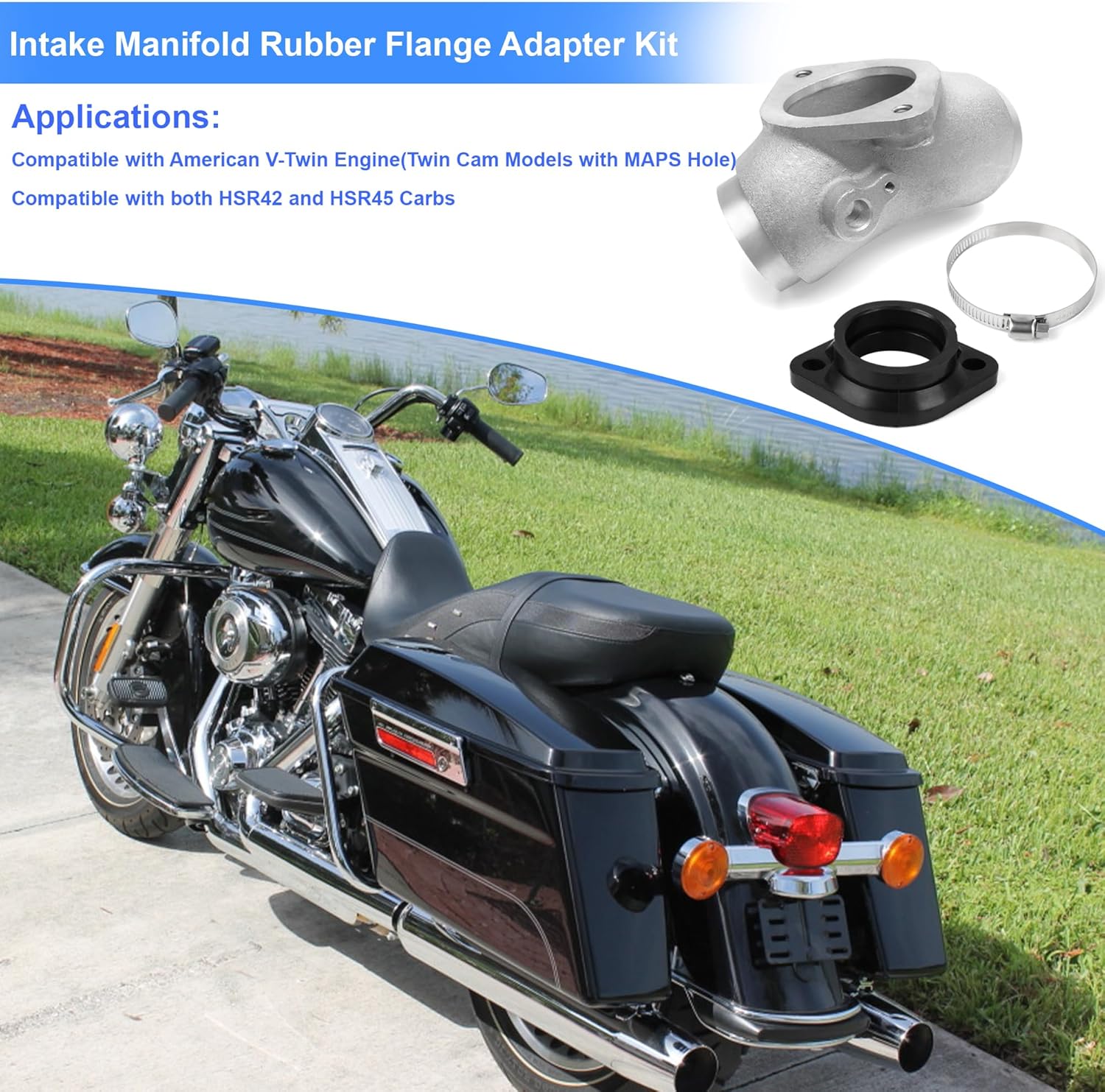 Carb Intake Manifold 42mm Rubber Flange Mounting Adapter Kit For Harley-Davidson Softail FXST FXSTI Electra Glide FLHT FLHTI Twin Cam w/MAP Sensor Hole HS42/061-45TC