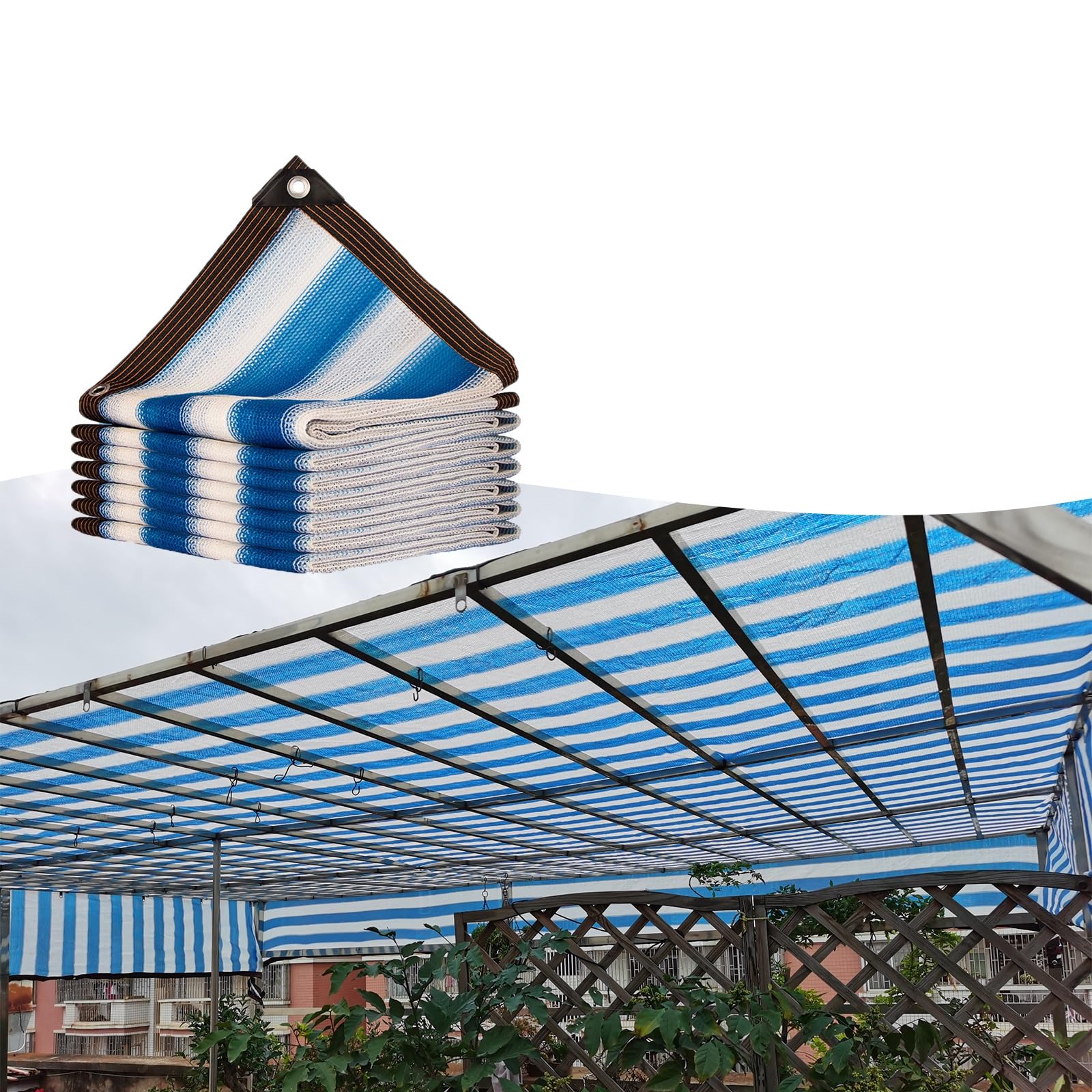 Voile d'ombrage rayures bleues et blanches 6x7m pour terrasse