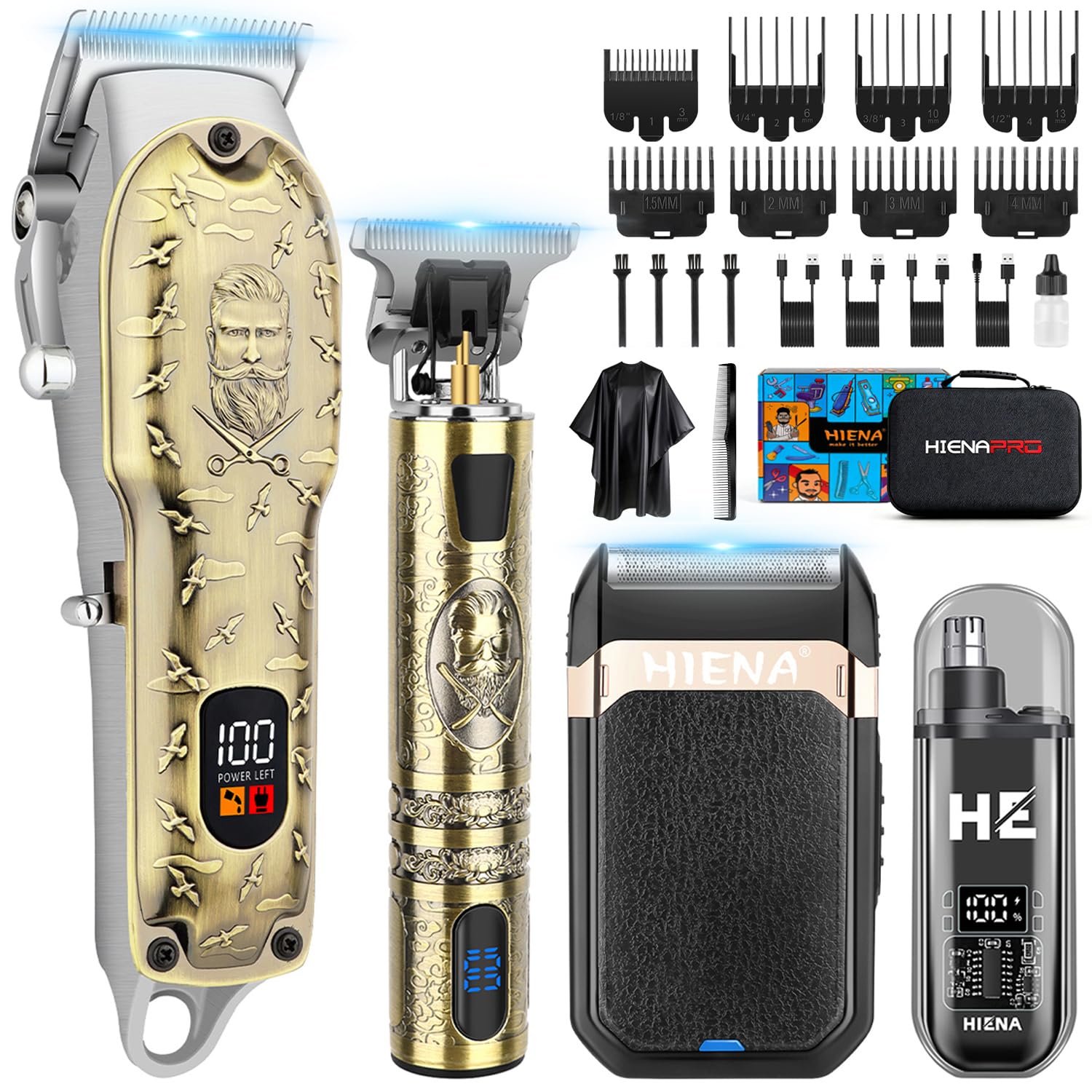 HIENA PRO Tondeuse à cheveux professionnelle pour hommes, Tondeuse à cheveux sans fil Tondeuse à barbe Rasoir à lame Tondeuse pour nez Set, Kit complet de tondeuse électrique rechargeable USB (Set 814