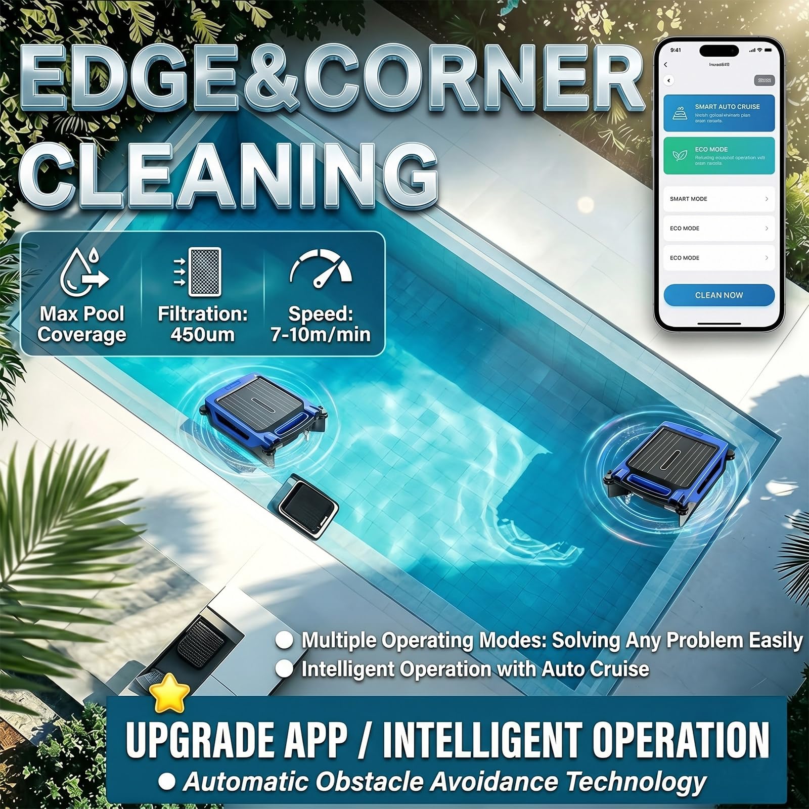 Robot Skimmer de Superficie para Piscinas, Carga Dual (Solar y rápida), Limpieza Continua, Bolsa de Gran Capacidad para residuos (3,8 L), Control por App Blue