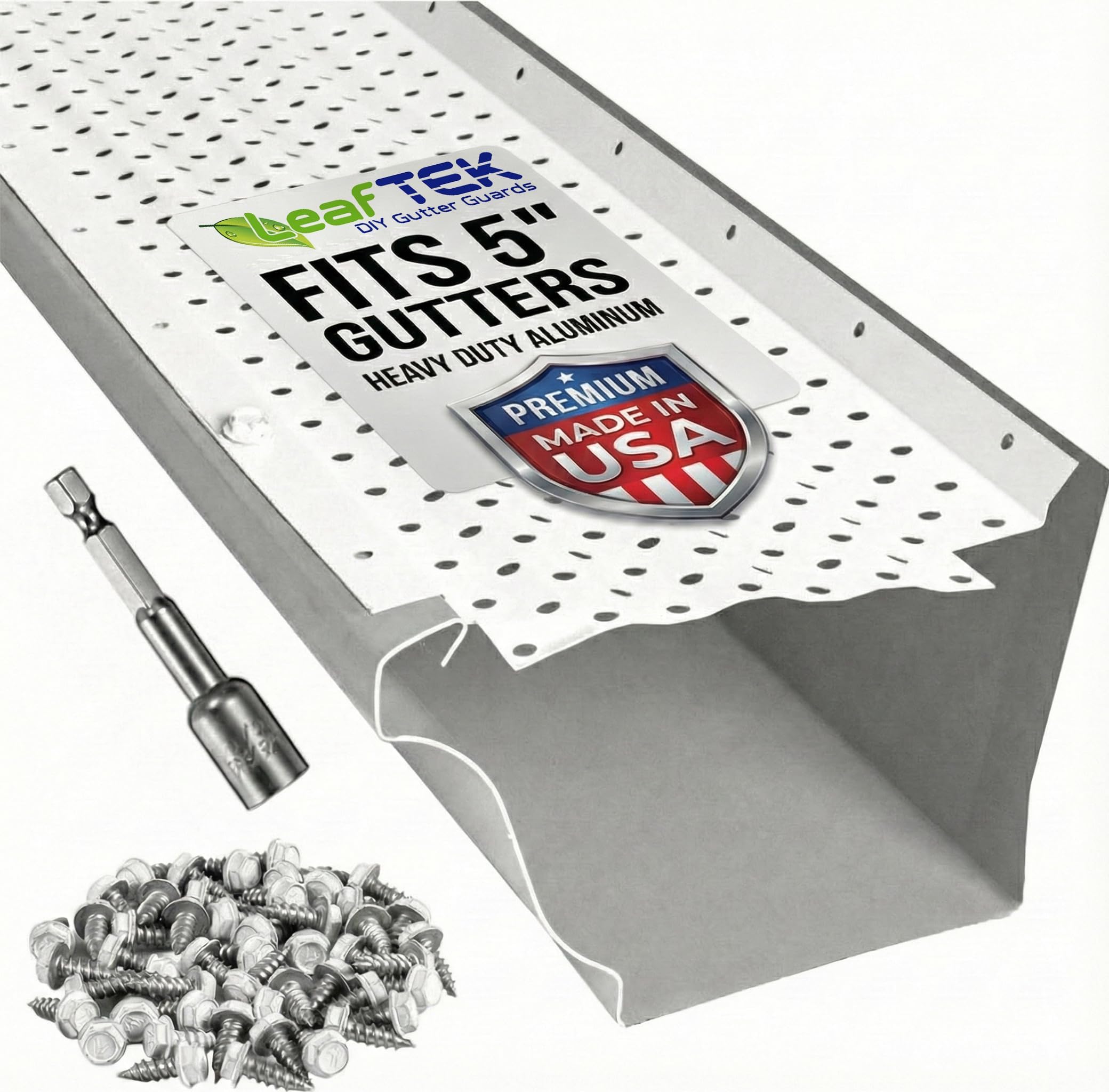 LeafTEK Heavy-Duty Aluminum Gutter Guard System – Contractor-Trusted Leaf & Debris Protection – DIY Install Kit with Screws & Driver – Made in USA – Fits 5” Residential Rain Gutters (8 FT, White)